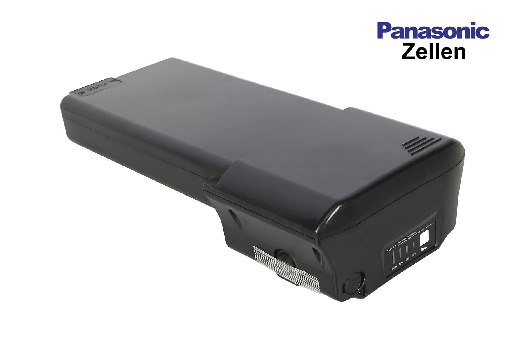 Schwarzer Panasonic Akku mit Ladeanzeige und Lüftungsschlitzen.