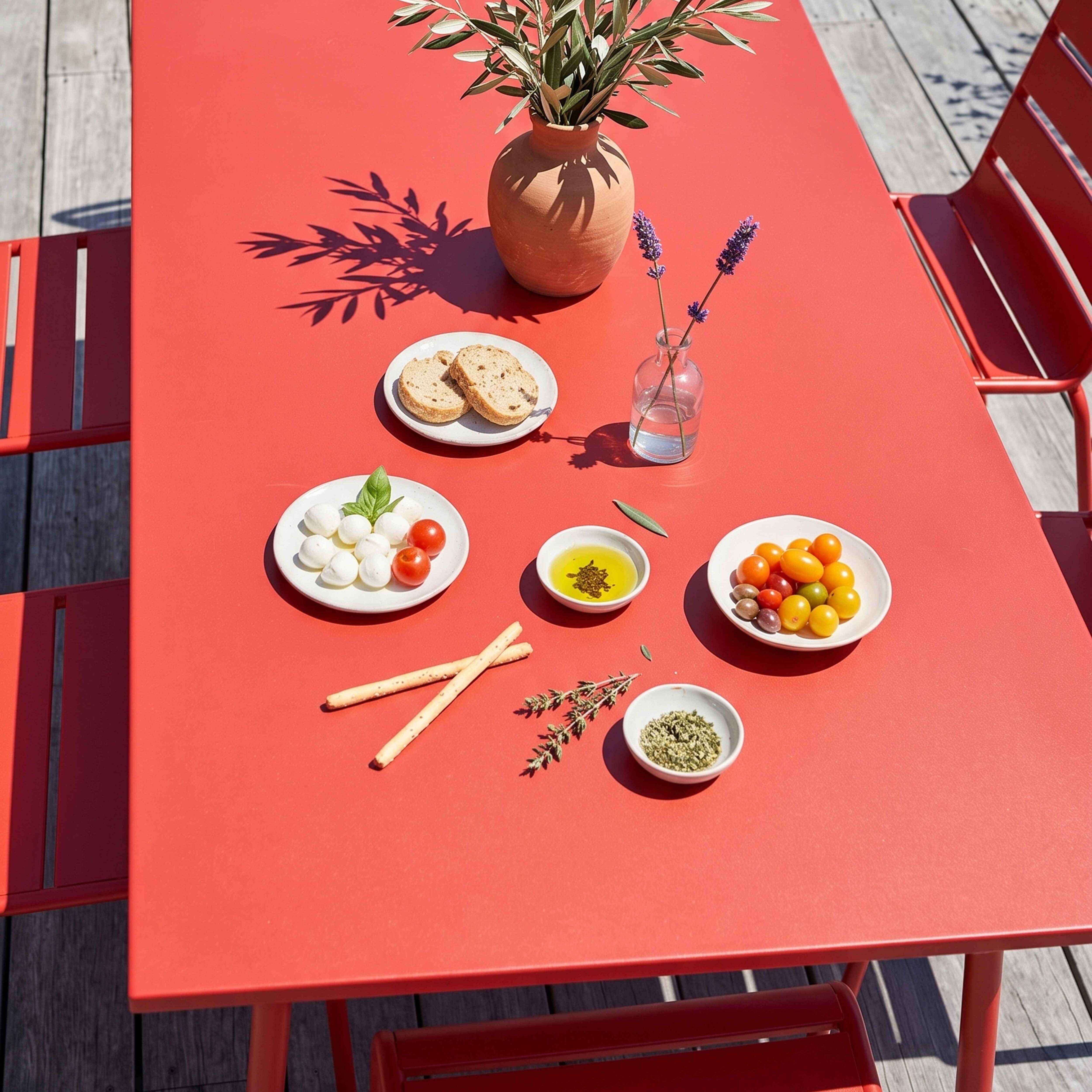 Roter Tisch mit Essen: Mozzarella, Tomaten, Brot, Olivenöl und Kräutern.