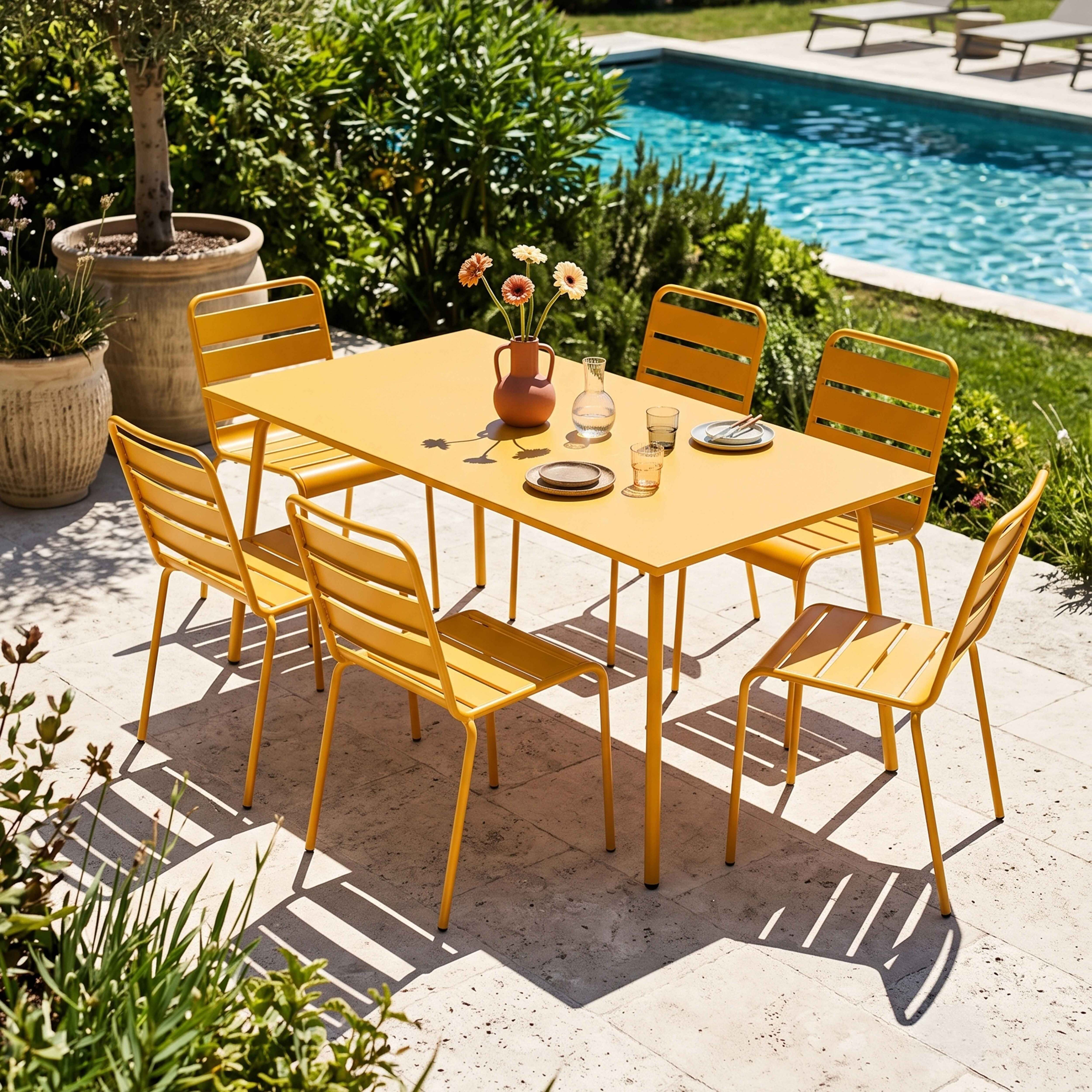 Ein gelber Gartentisch mit Stühlen steht auf einer Terrasse neben einem Pool.