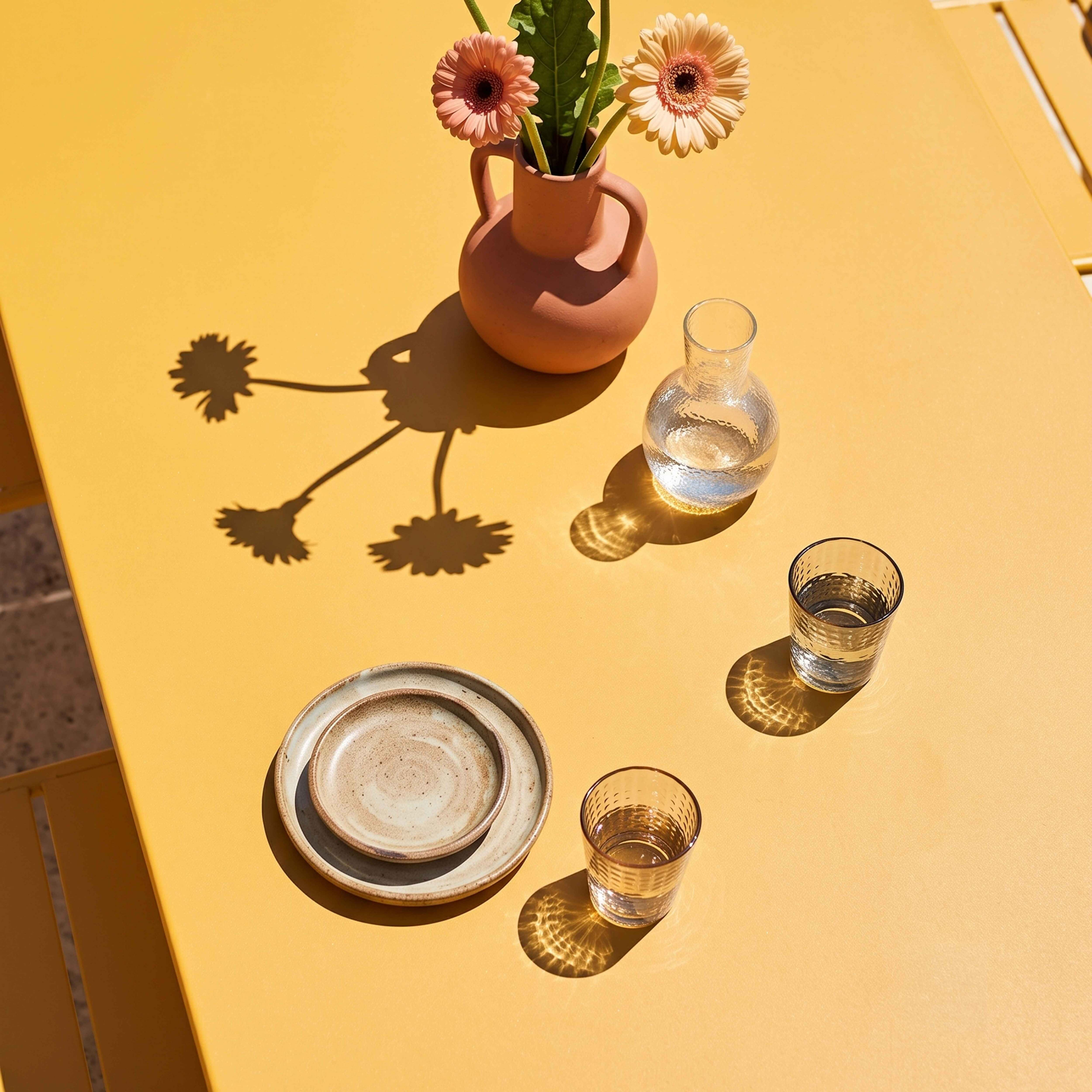 Ein Keramiktopf mit Blumen, zwei Gläser und Teller auf einem gelben Tisch.