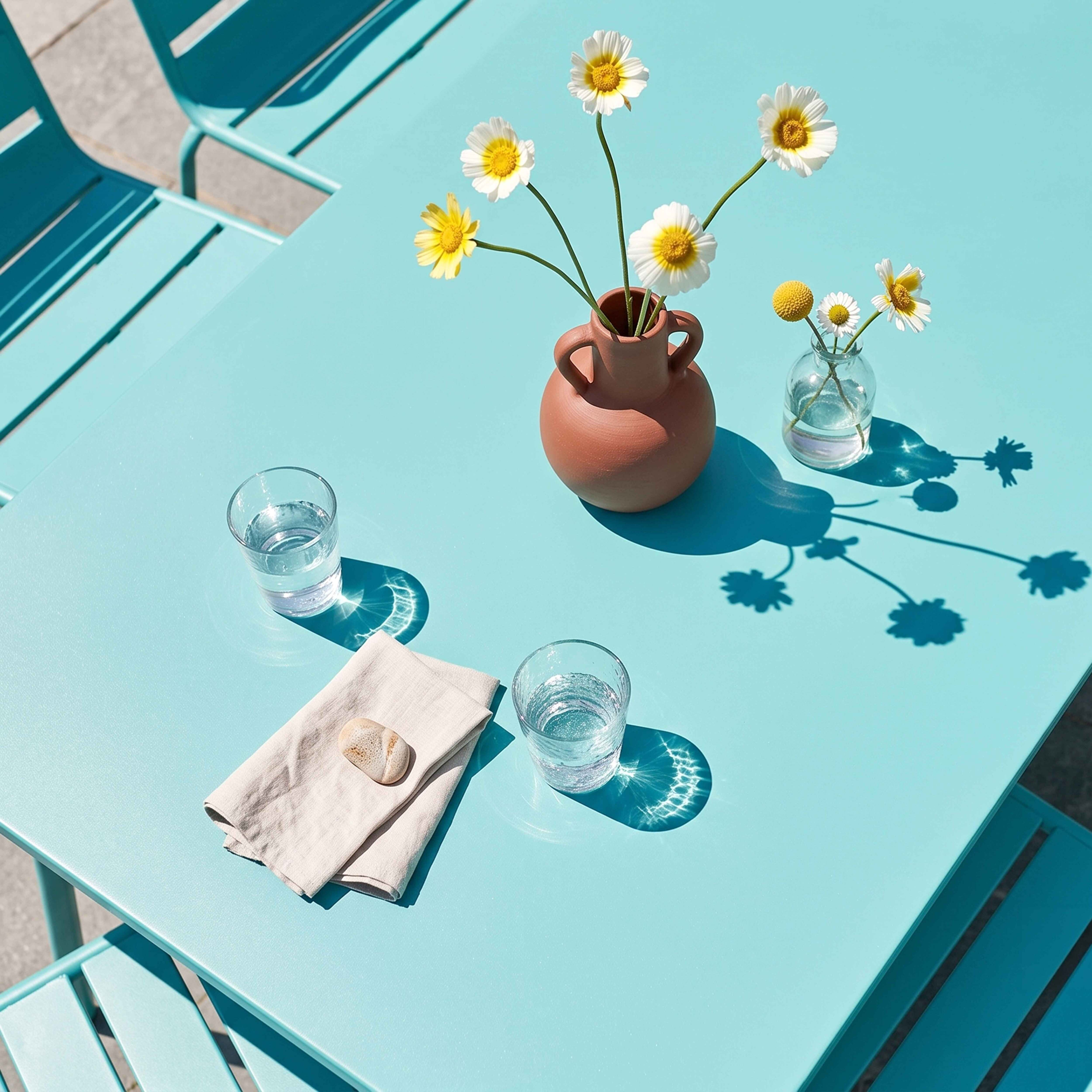 Türkiser Tisch mit Gläsern, Blumen in Vasen und einer Serviette mit Stein.