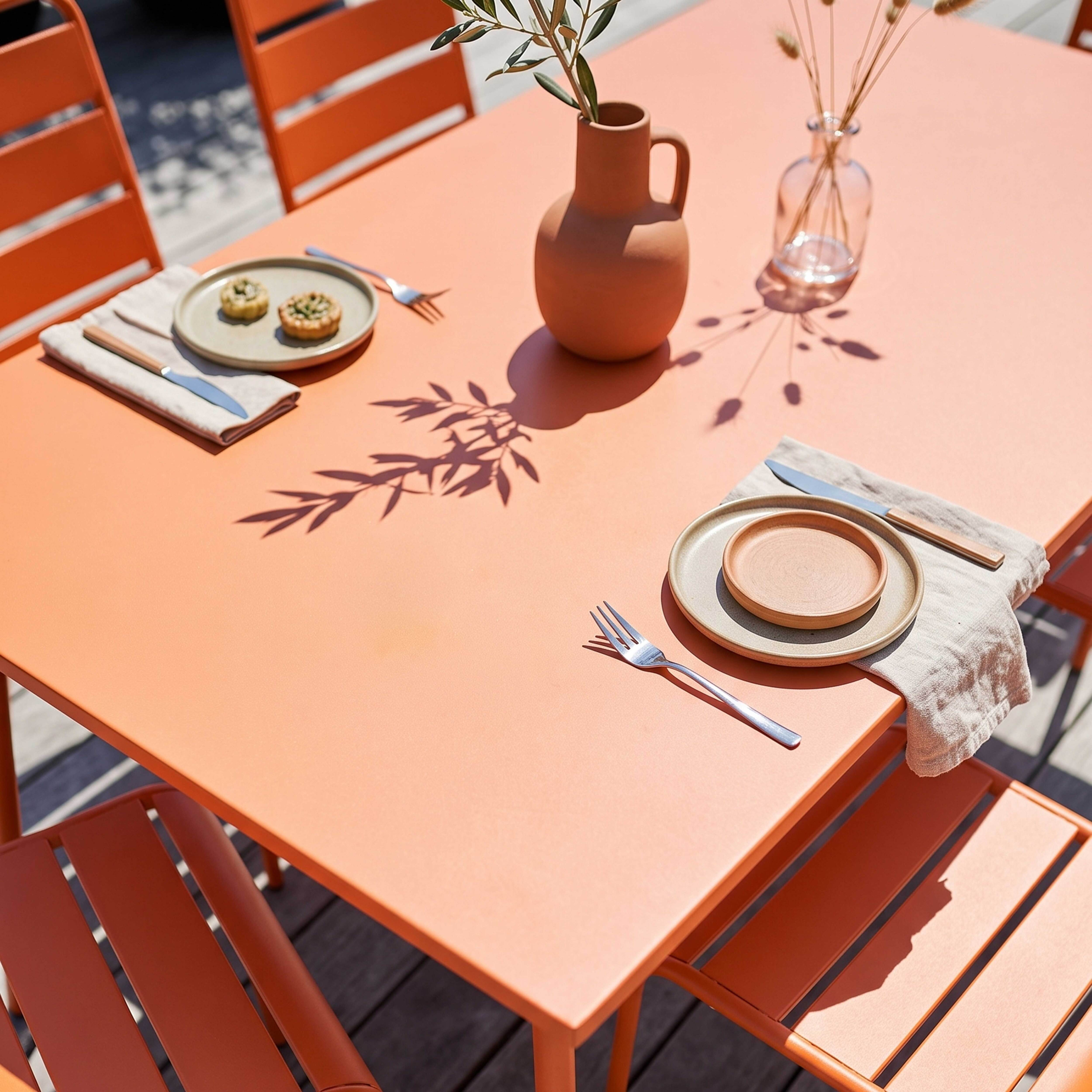 Ein orangefarbener Tisch mit zwei Gedecken, Vasen und Schatten.