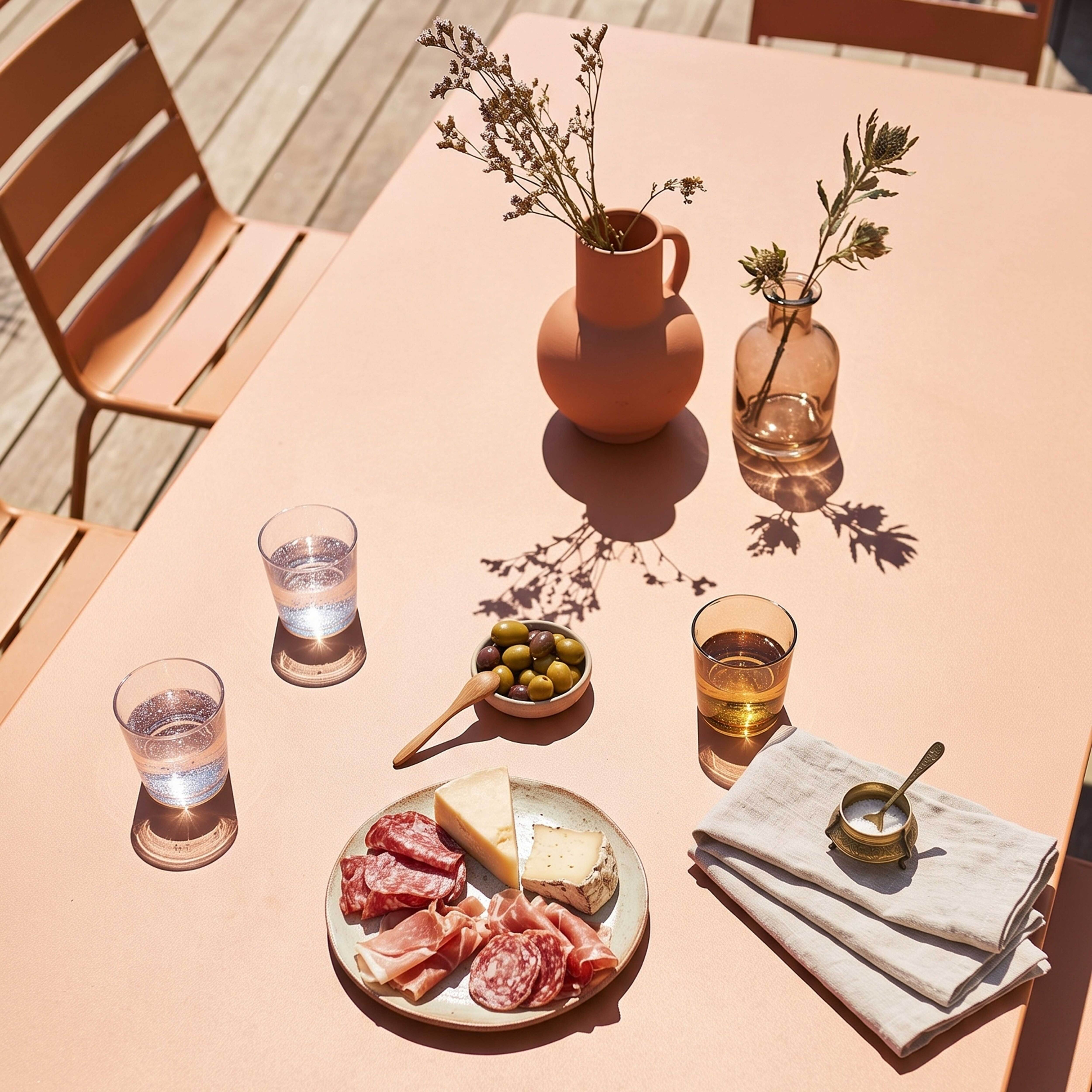 Eine rosafarbene Tischplatte mit Charcuterie, Käse, Oliven und Getränken.