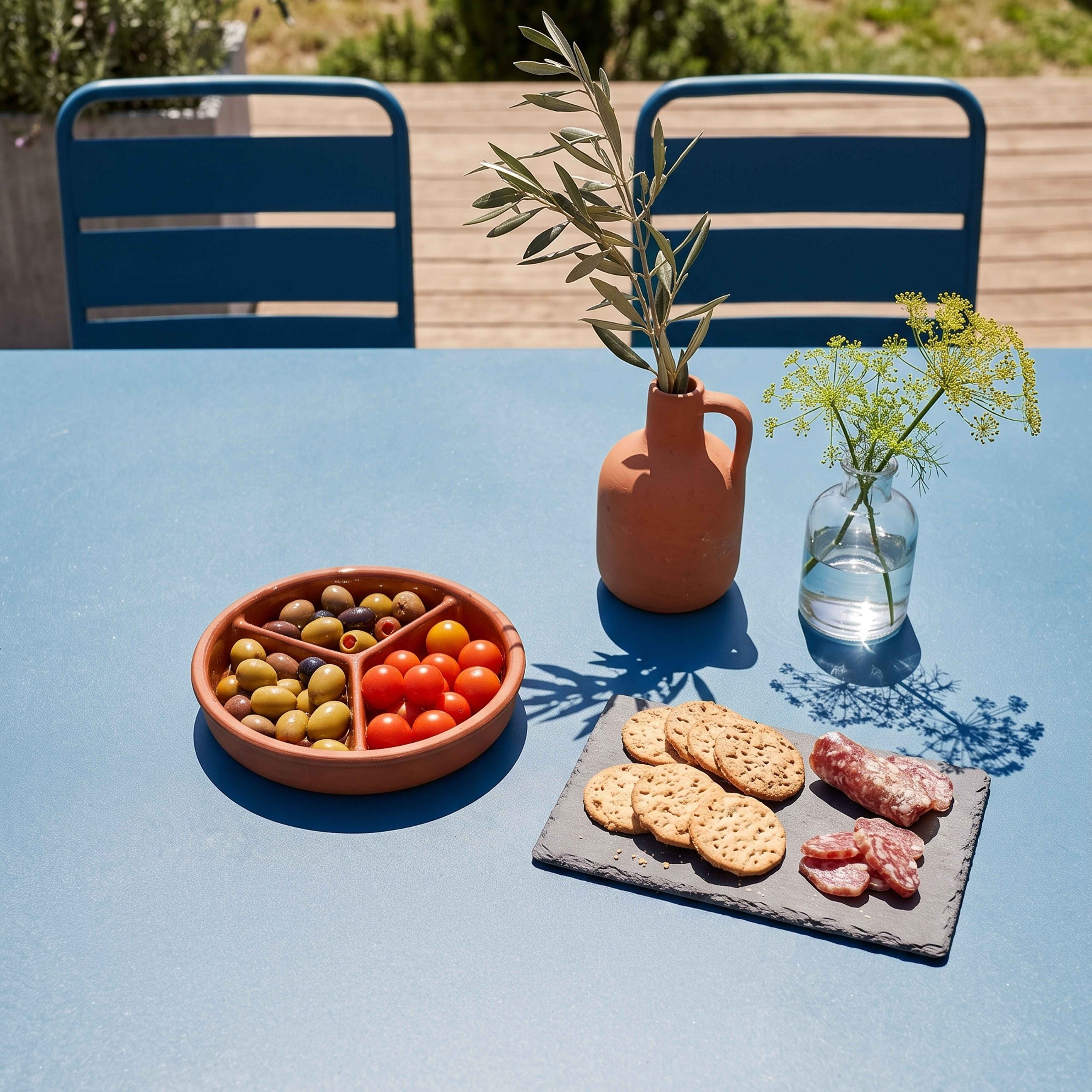 Ein Tisch mit Oliven, Kirschtomaten, Wurst und Keksen auf einer blauen Tischdecke.