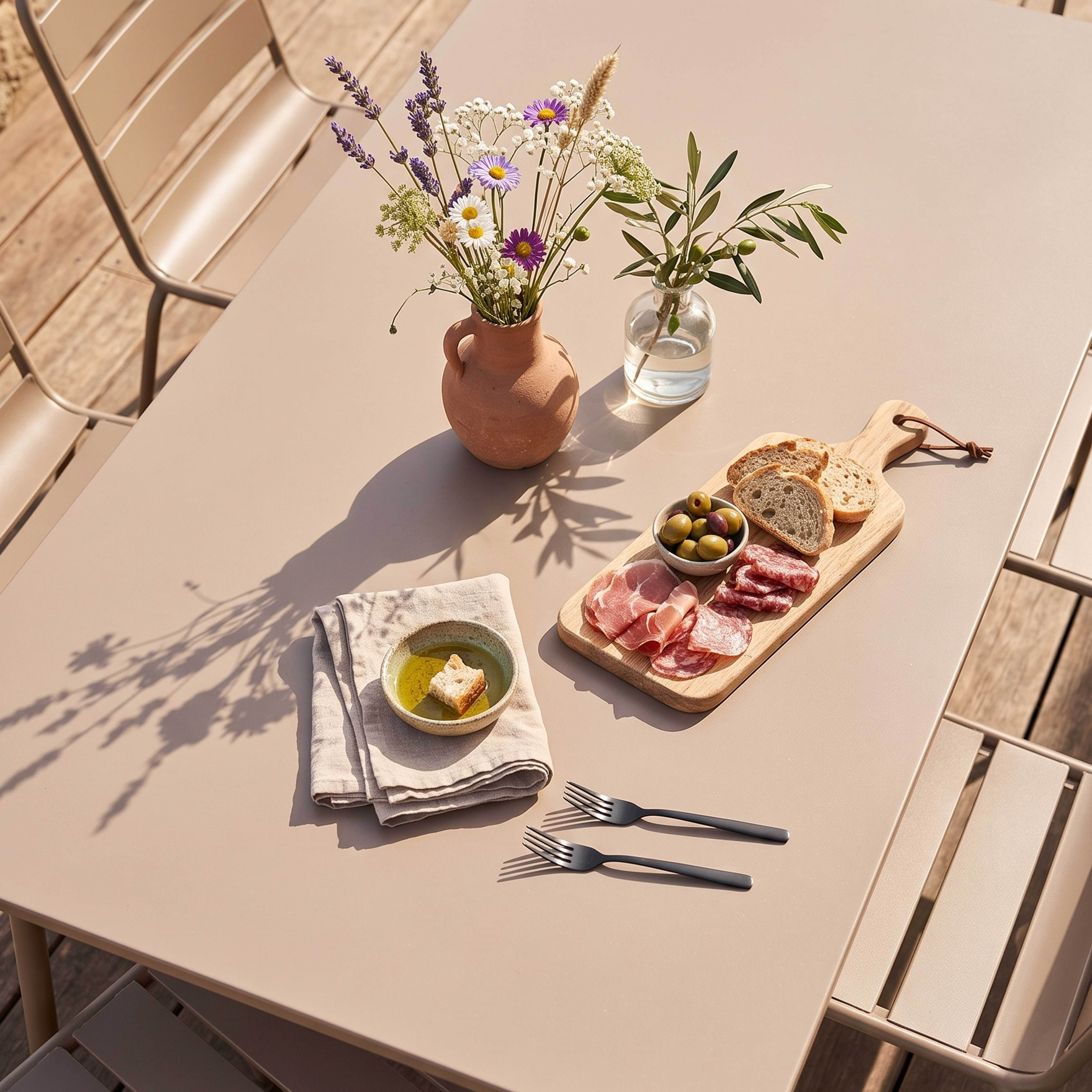 Eine Garnitur mit Brot, Oliven und Aufschnitt auf einem Tisch mit Blumen.