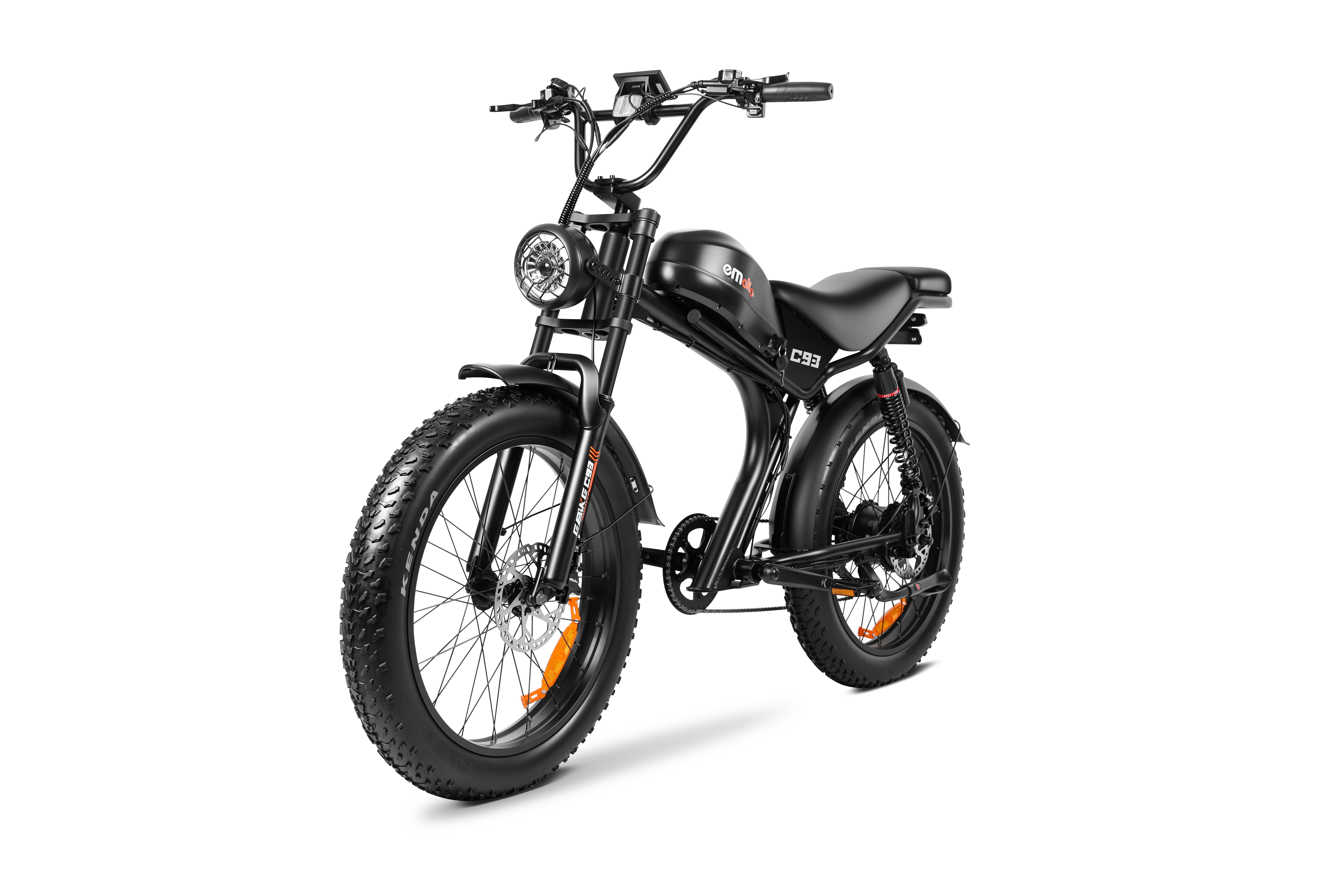 Ein schwarzes E-Bike mit fetten Reifen und runden Scheinwerfern.