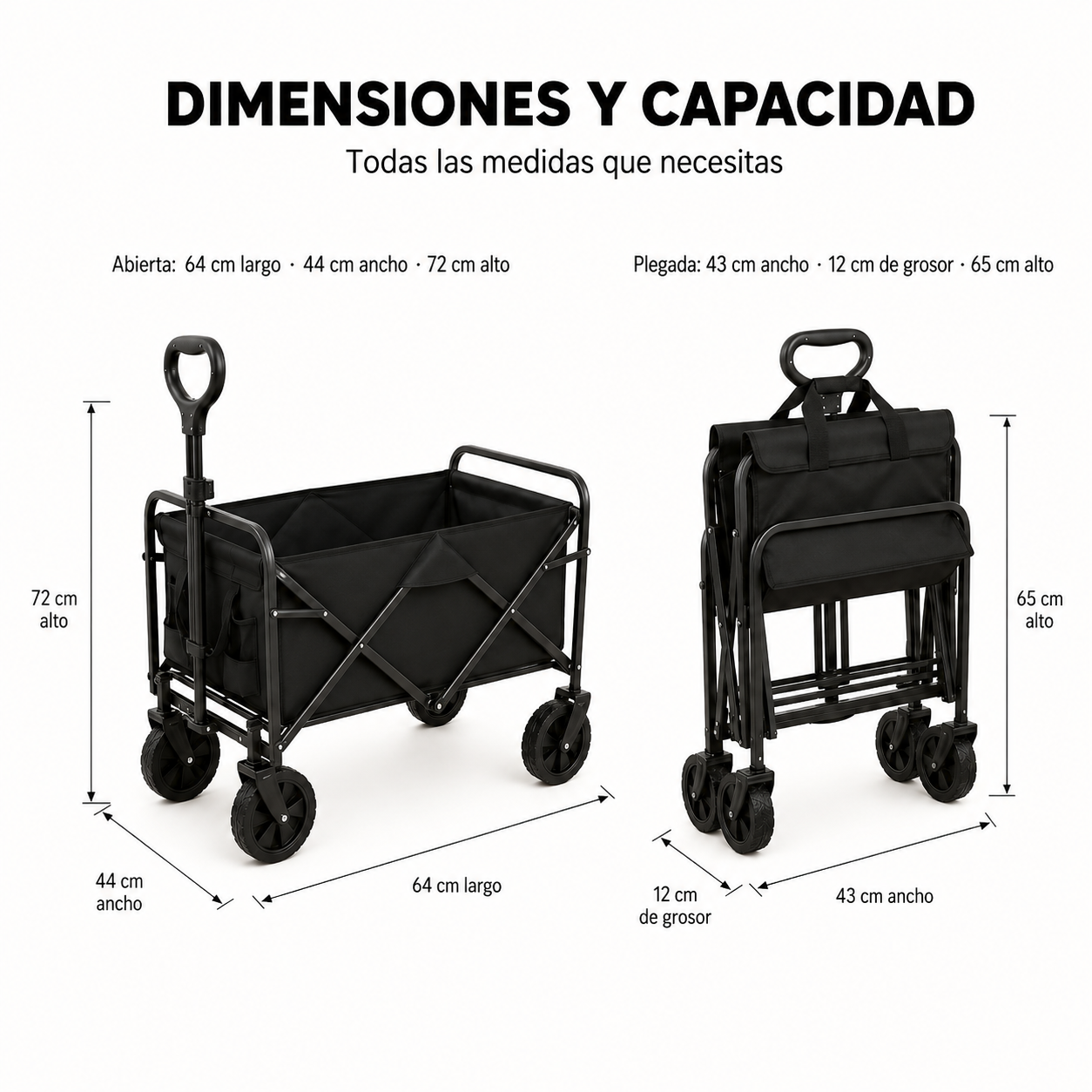 Dos carritos plegables negros comparados: uno abierto, uno plegado, con medidas.