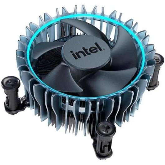 An Intel CPU cooler with blue light, fan, and cooling fins.