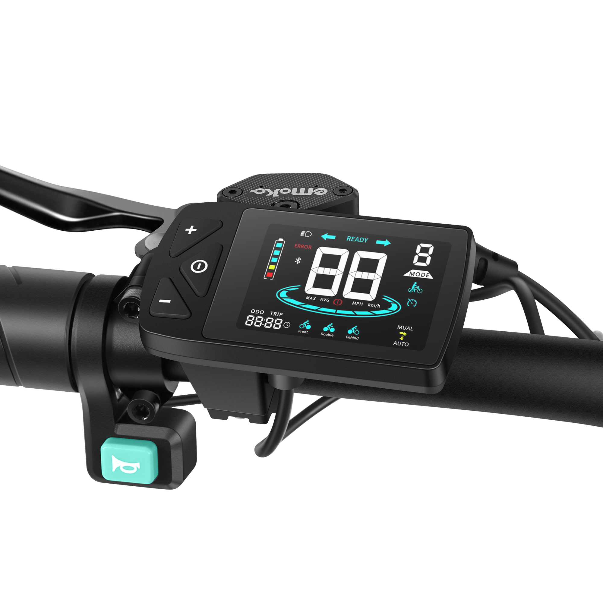 Ein E-Bike-Display mit Geschwindigkeitsanzeige, Batteriestatus und Fahrmodi.