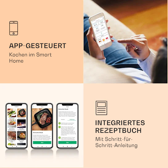 Cucina controllata da app in una smart home con ricettario.