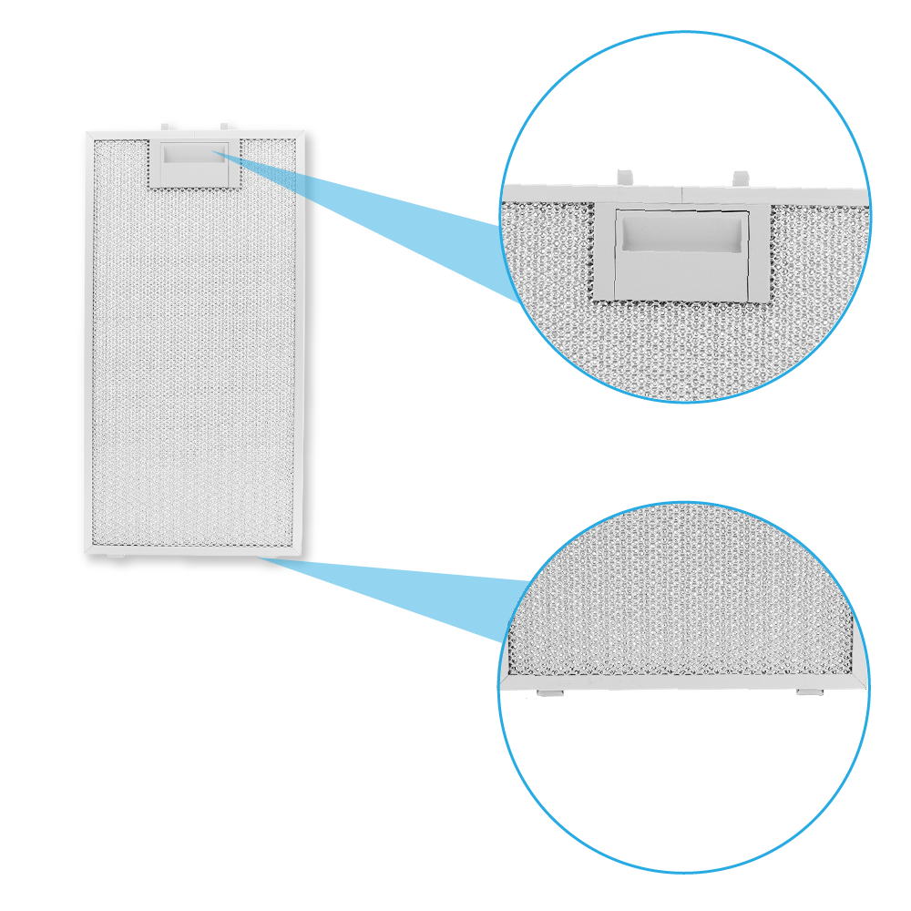 Ein weißer Dunstabzugshaubenfilter mit zwei vergrößerten Ansichten, die Details zeigen.