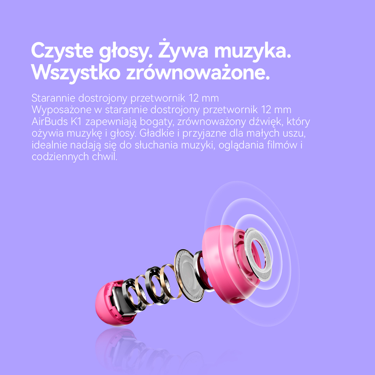 Rozstrzelony widok różowego słuchawki z falami dźwięku.