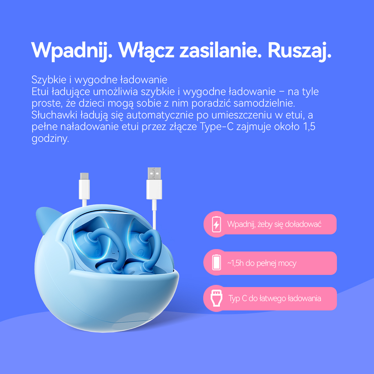 Jasnoniebieskie etui ładujące do słuchawek z kablami USB-C i USB-A.