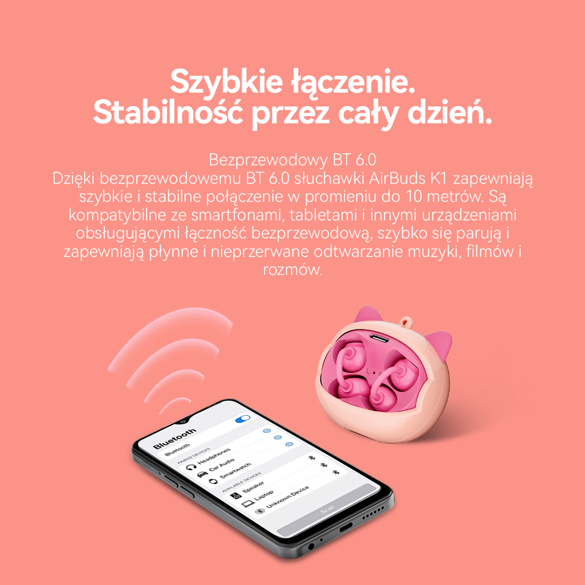 Różowe etui na słuchawki w kształcie kota obok smartfona wyświetlającego urządzenia Bluetooth.