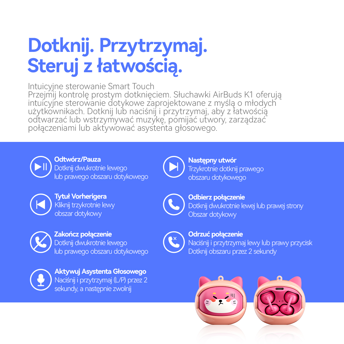 Grafika z elementami sterowania słuchawkami, na dole dwa różowe słuchawki z kocimi uszami.