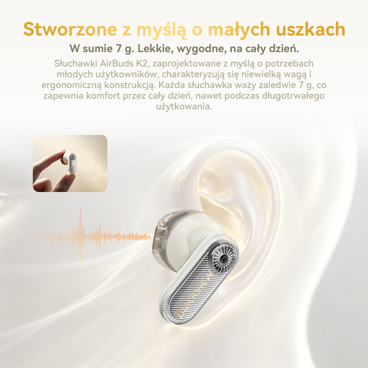 Biały i srebrny słuchawka w stylizowanym uchu, z wykresem fali dźwiękowej.