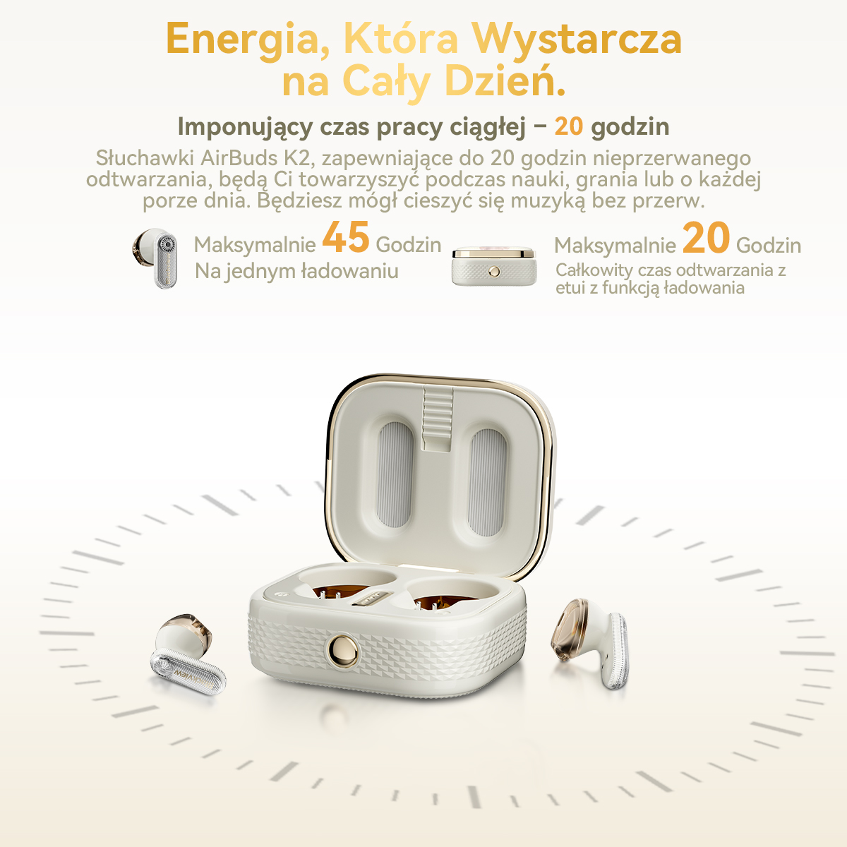 Białe słuchawki z etui ładującym i złotymi akcentami, obok grafiki zegara.