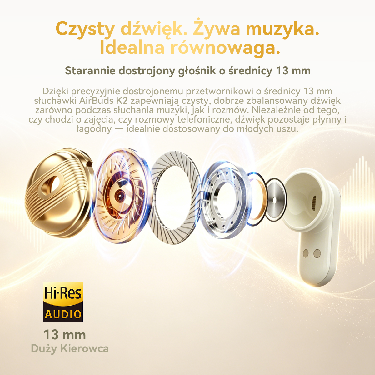 Widok rozstrzelony słuchawek z przetwornikiem 13 mm i logo Hi-Res Audio.