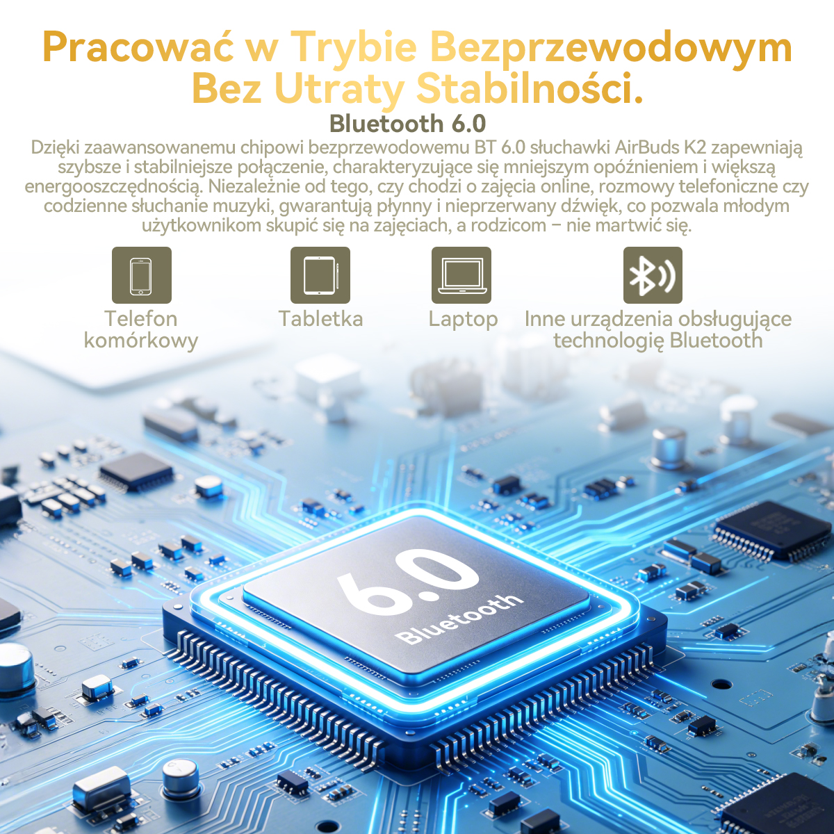 Niebieski chip z Bluetooth 6.0 na płytce drukowanej.