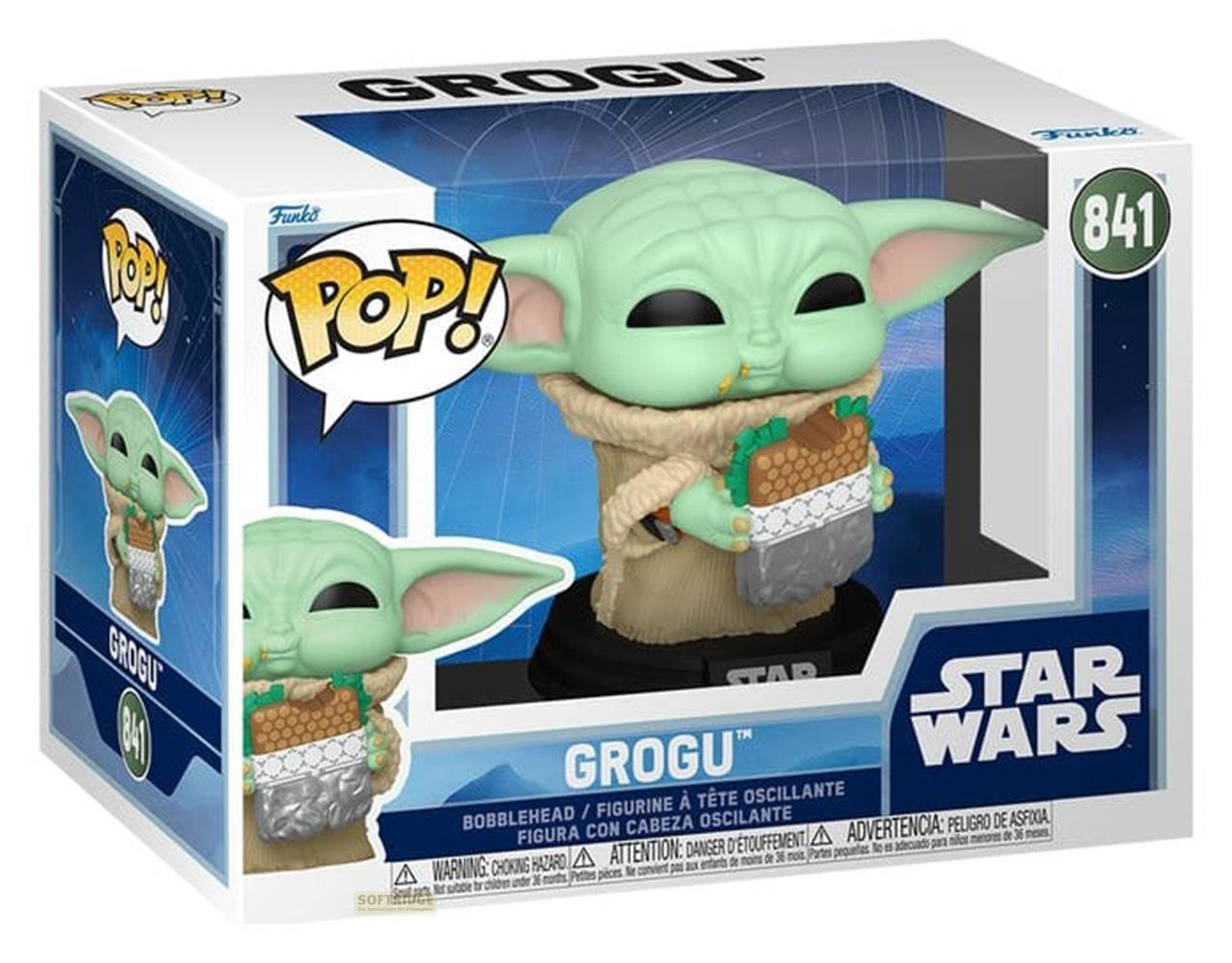 Funko Pop! Grogu Wackelfigur in Box, hält einen froschartigen Snack. Star Wars Branding.