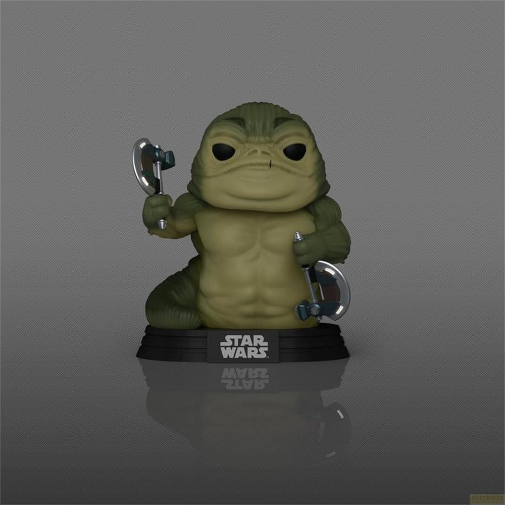 Figura Funko Pop verde y musculosa de Jabba el Hutt con dos hachas sobre una base negra.