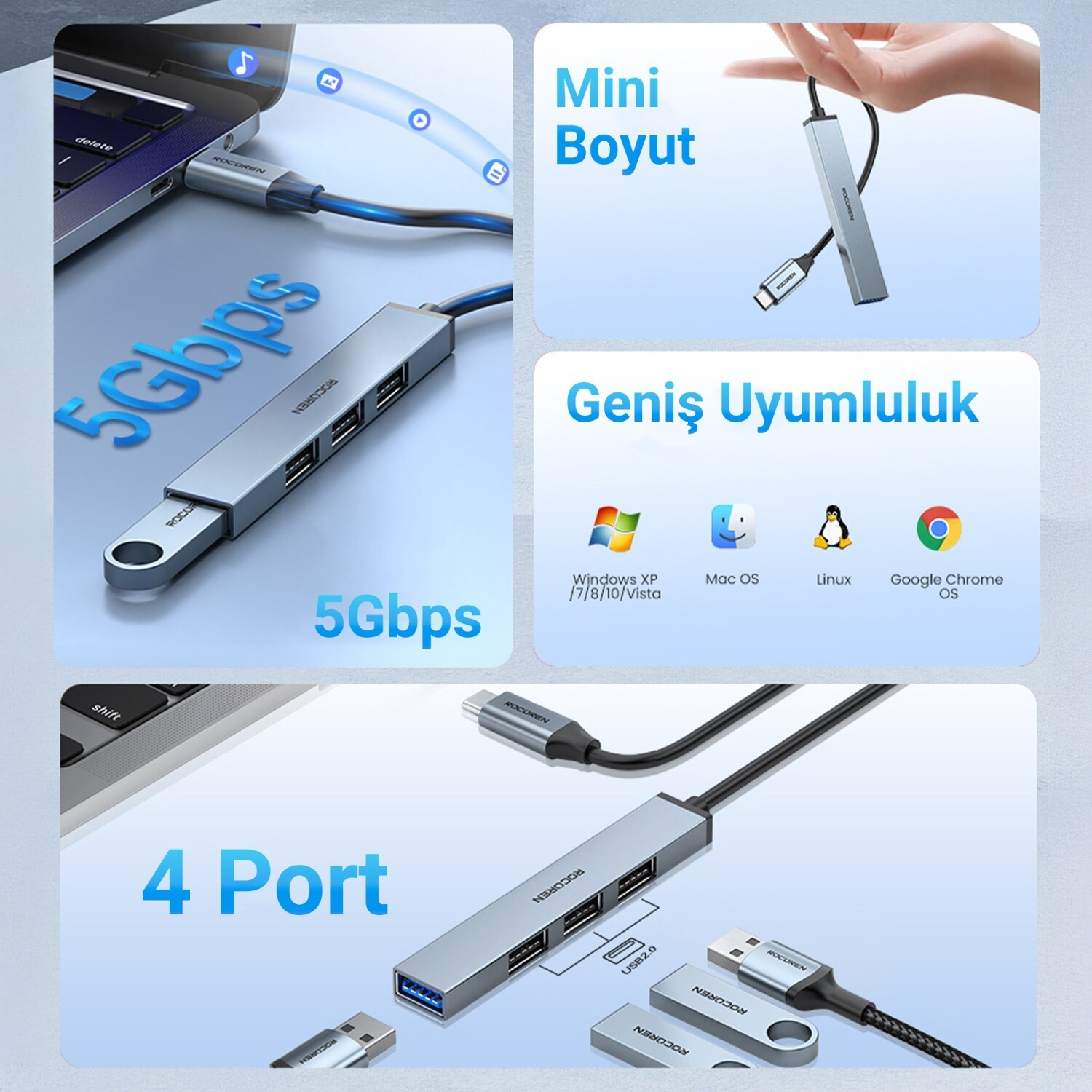 Gümüş renkli 4 portlu USB-C hub bir dizüstü bilgisayara bağlı.
