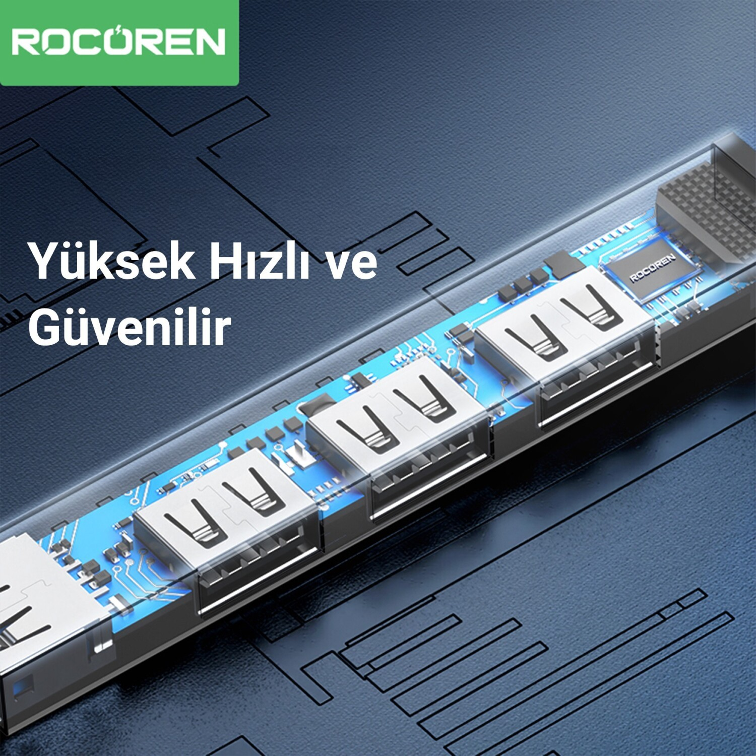 Devrelerin göründüğü mavi arka plan üzerinde çok portlu bir USB hub yakın çekimi.
