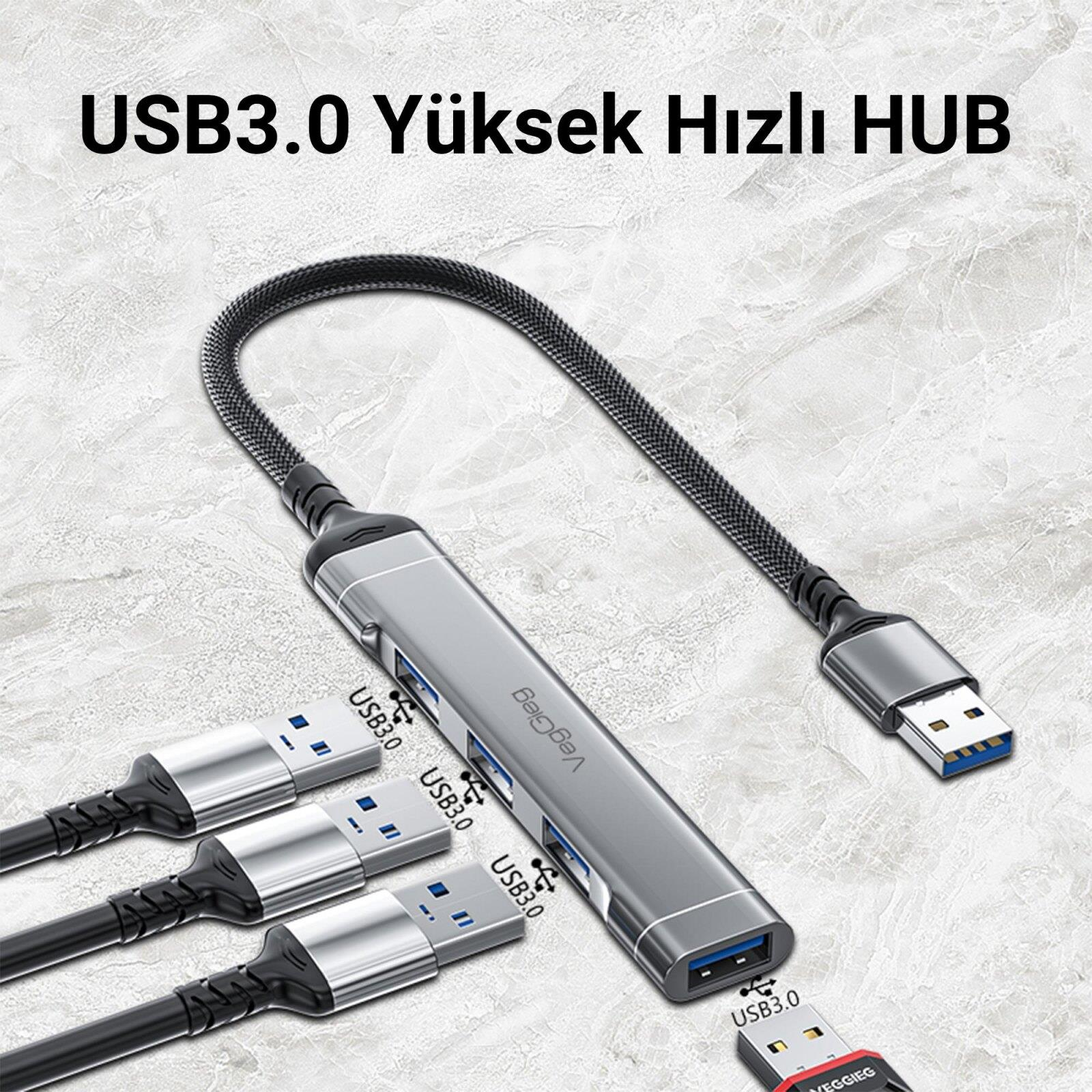 Gümüş USB 3.0 hub, örgülü kablo ve çoklu USB bağlantı noktaları.