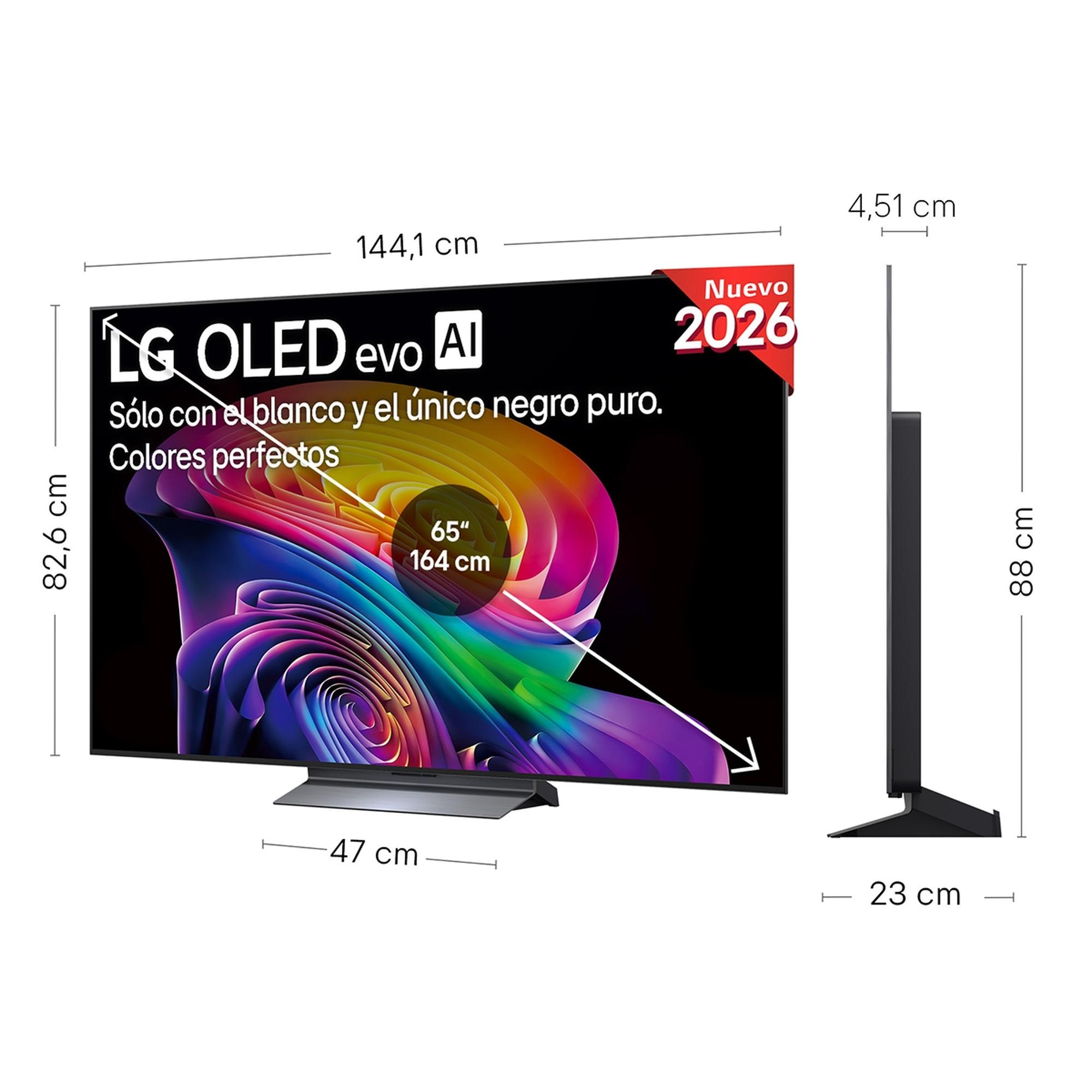 TV LG OLED evo AI, 65 pulgadas, dimensiones 144,1x82,6x4,51 cm.