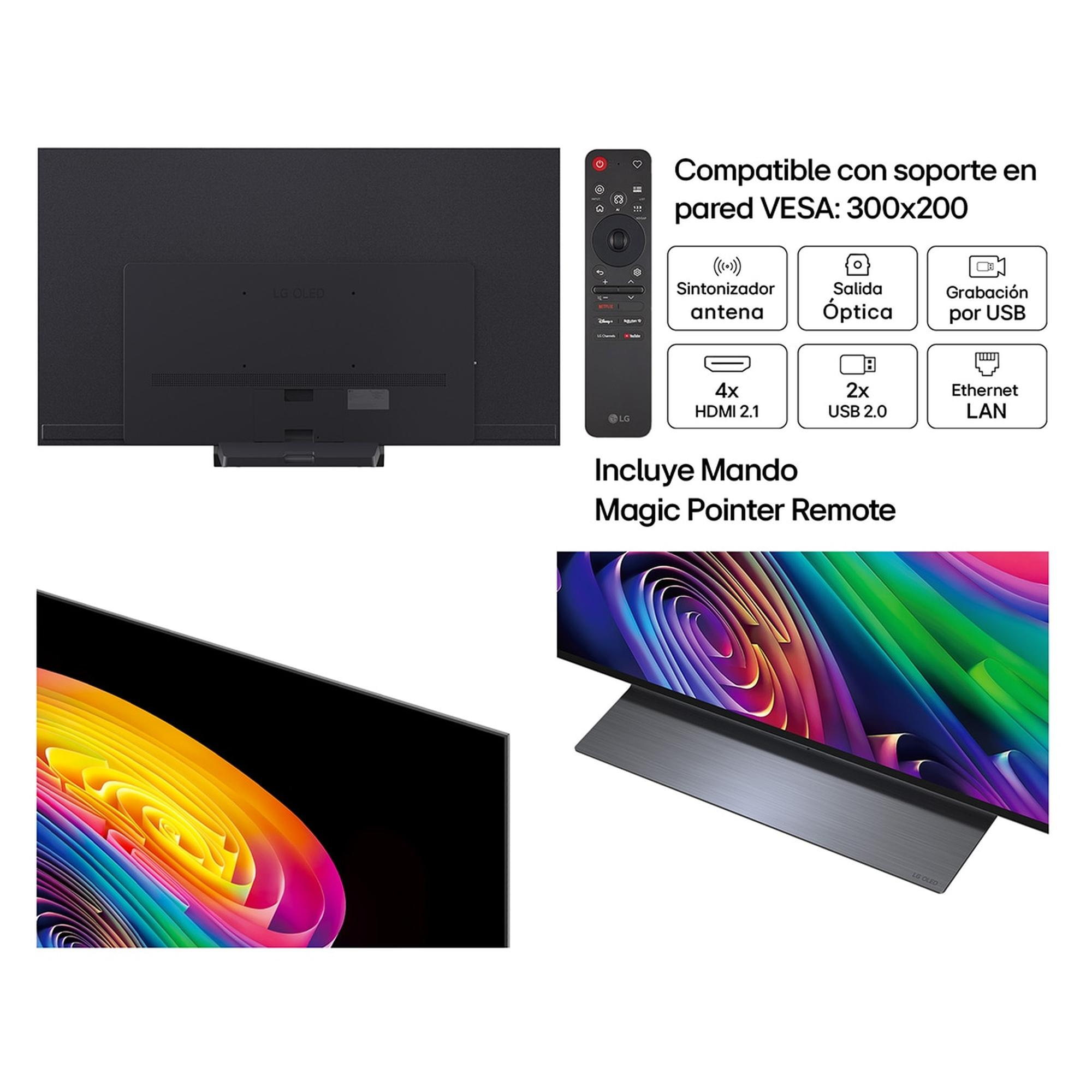 LG OLED TV con Magic Remote, soporte VESA y puertos: HDMI, USB, LAN.
