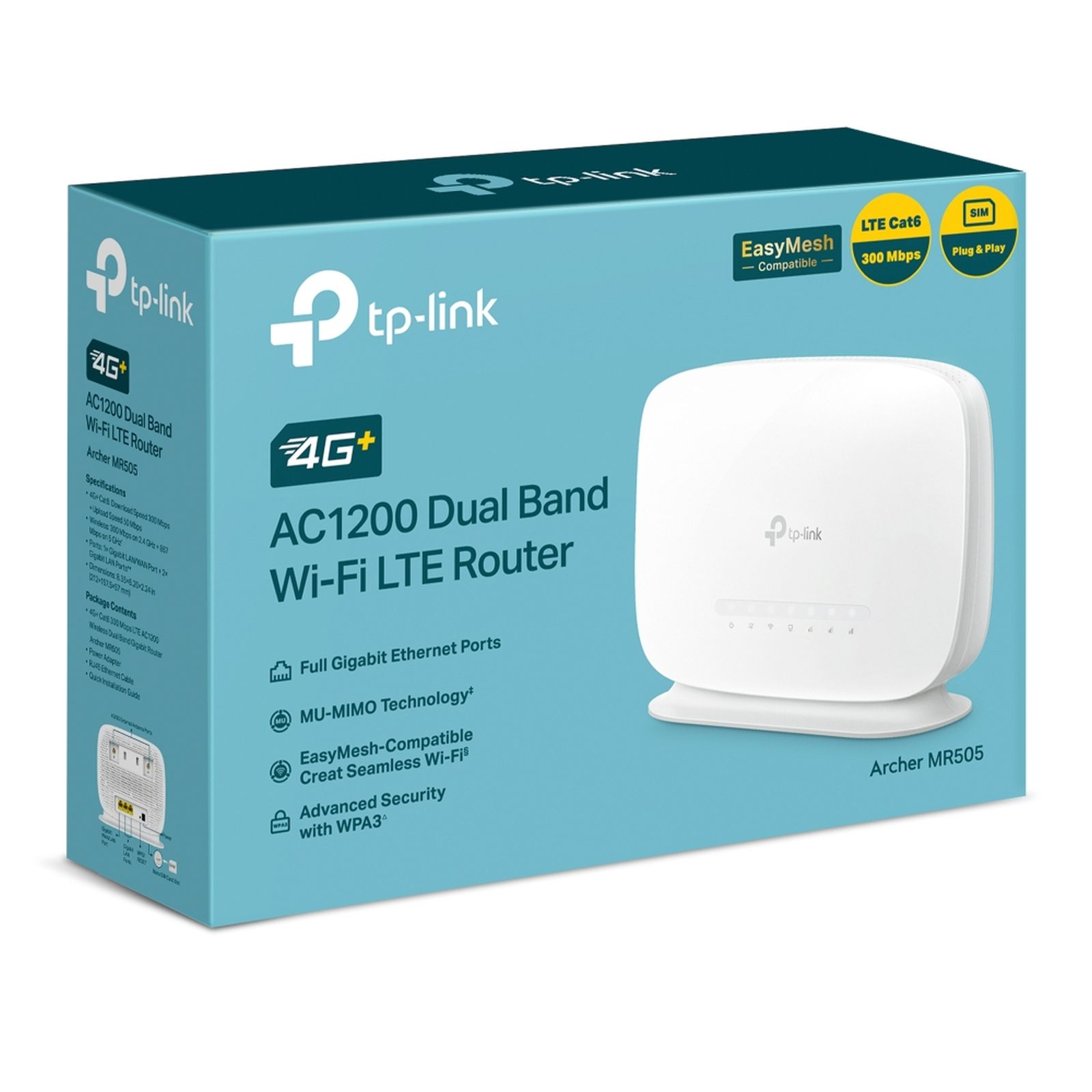 TP-Link Archer MR505 LTE Router Verpackung mit Router-Abbildung und Spezifikationen.