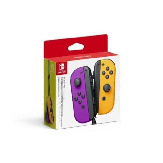 Caja mostrando controladores Nintendo Switch Joy-Con morados y amarillos