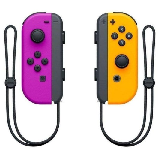 Un controlador Joy-Con morado y uno amarillo para Nintendo Switch con correas.