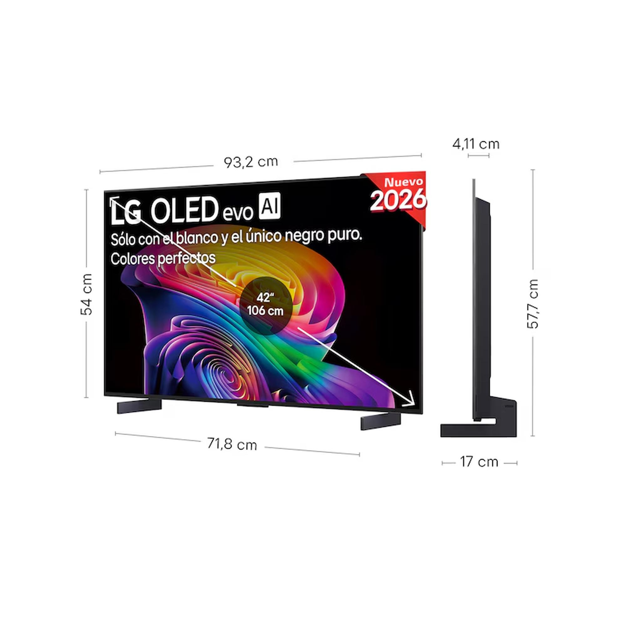 TV LG OLED evo (42 pulgadas) con soporte, mostrando dimensiones y etiqueta 'Nuevo 2026'.