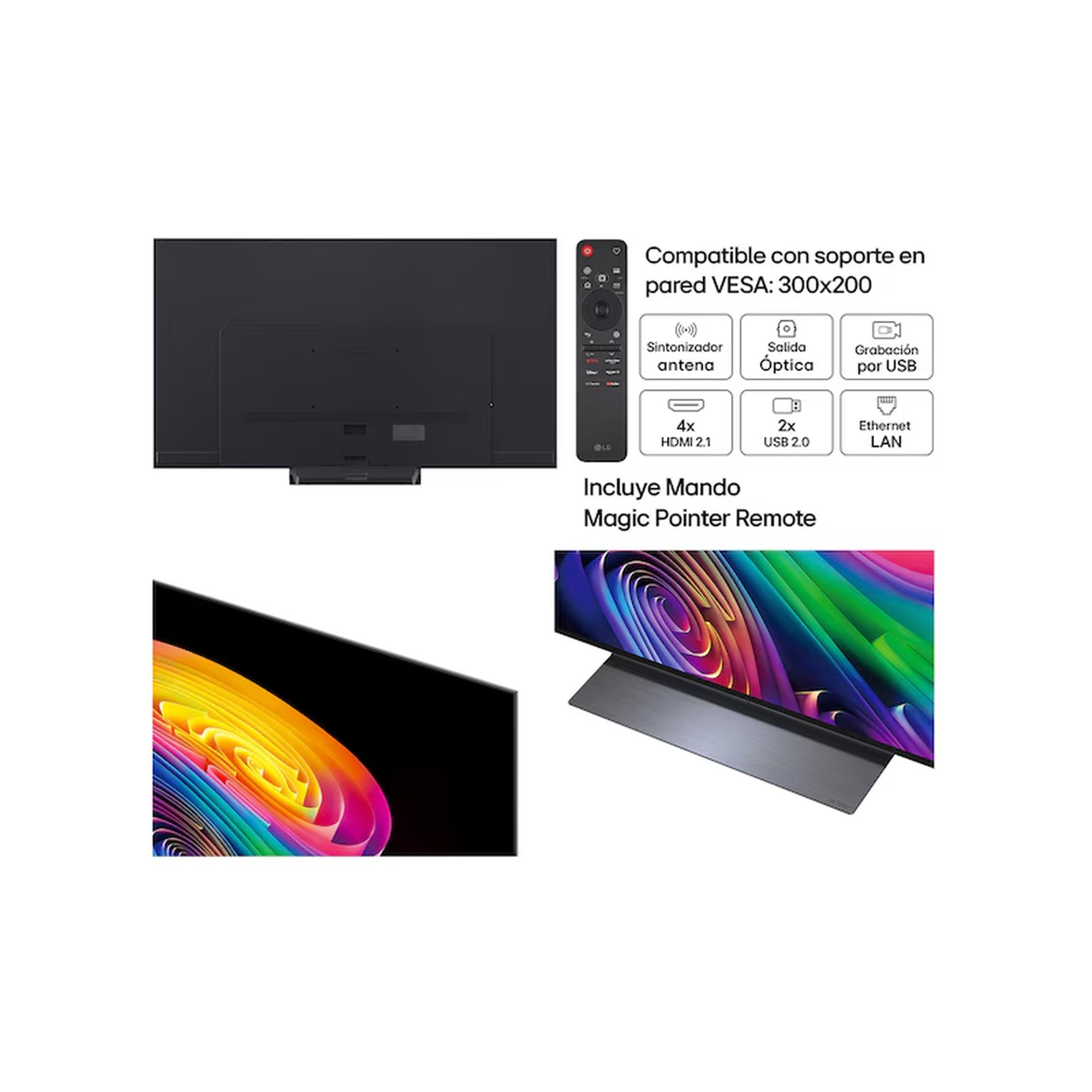 Vista trasera TV LG, mando y iconos de conexión: antena, óptica, USB, HDMI, LAN.