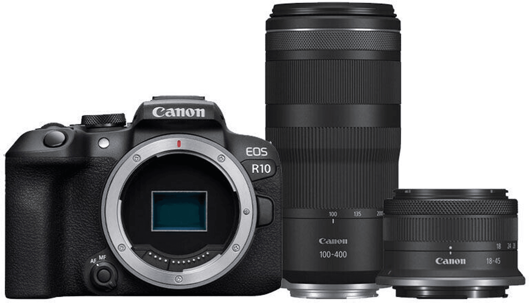 Een zwarte Canon EOS R10 camera met twee lenzen, 100-400mm en 18-45mm.