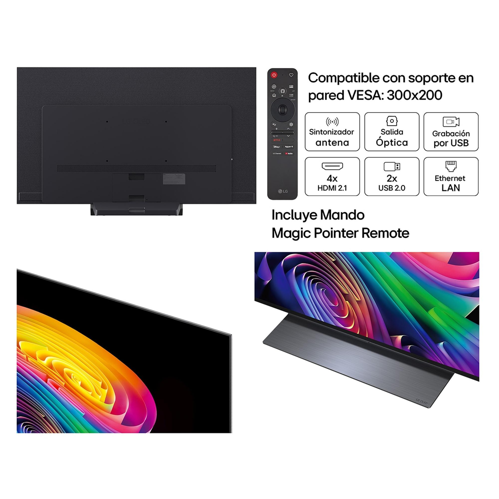 Parte trasera de TV LG OLED con mando y detalles de conexión. Pantalla colorida.
