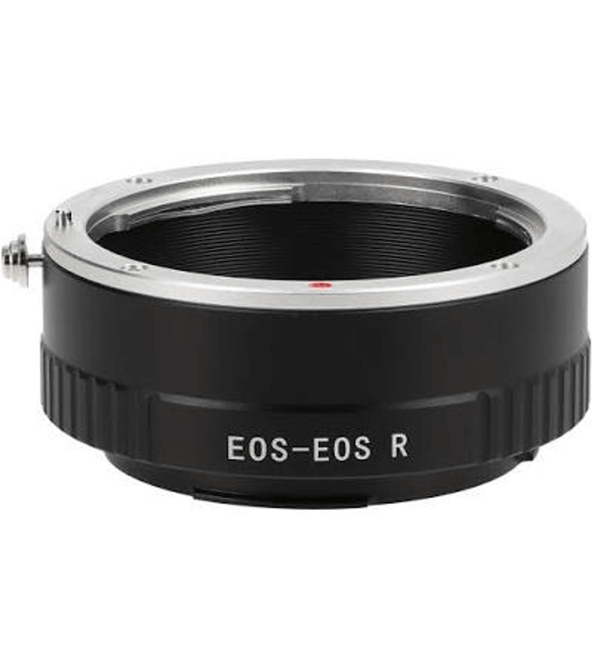Ein schwarzer Objektivadapter mit silbernen Ringen und der Aufschrift EOS-EOS R.