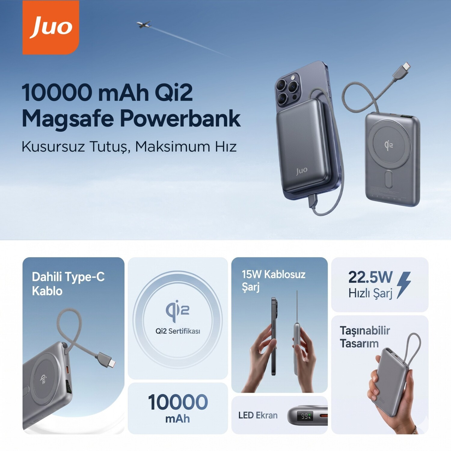 Juo 10000 mAh Qi2 Magsafe powerbank, dahili kablolu, 15W kablosuz, 22.5W hızlı şarj.