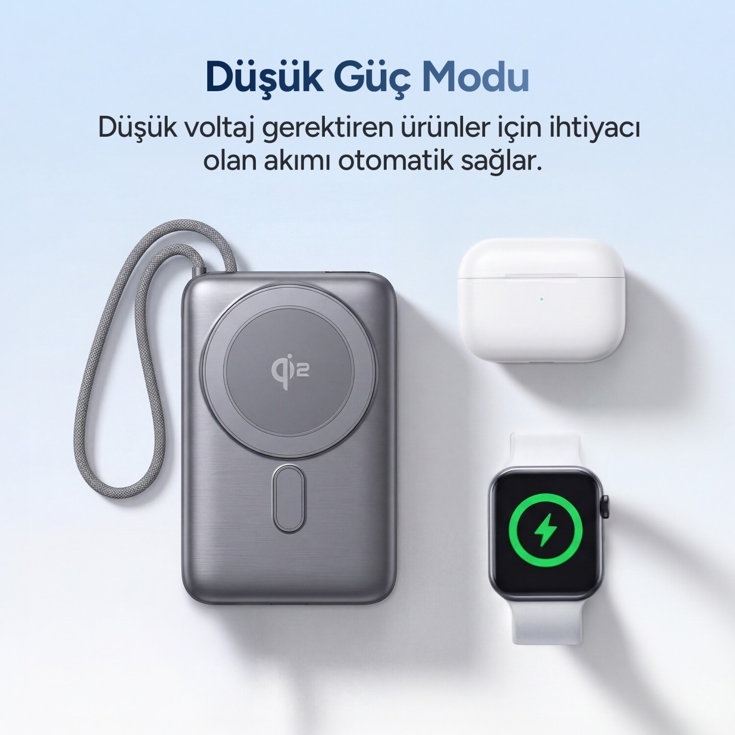 Gri Qi2 şarj cihazı, beyaz şarj kutusu, şarj ikonlu akıllı saat.