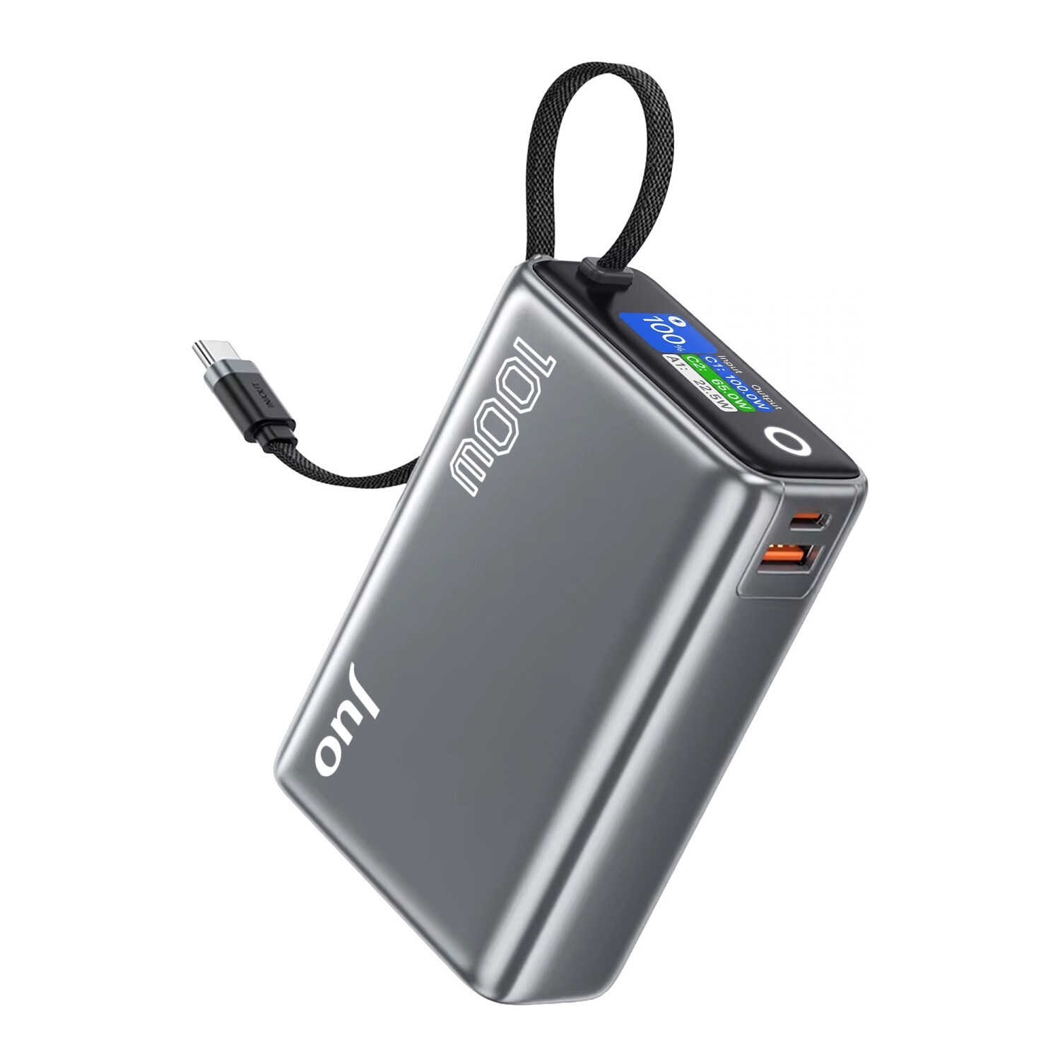 USB-C kablolu gri powerbank, dijital ekran %100 şarj ve 100W çıkış gösteriyor.