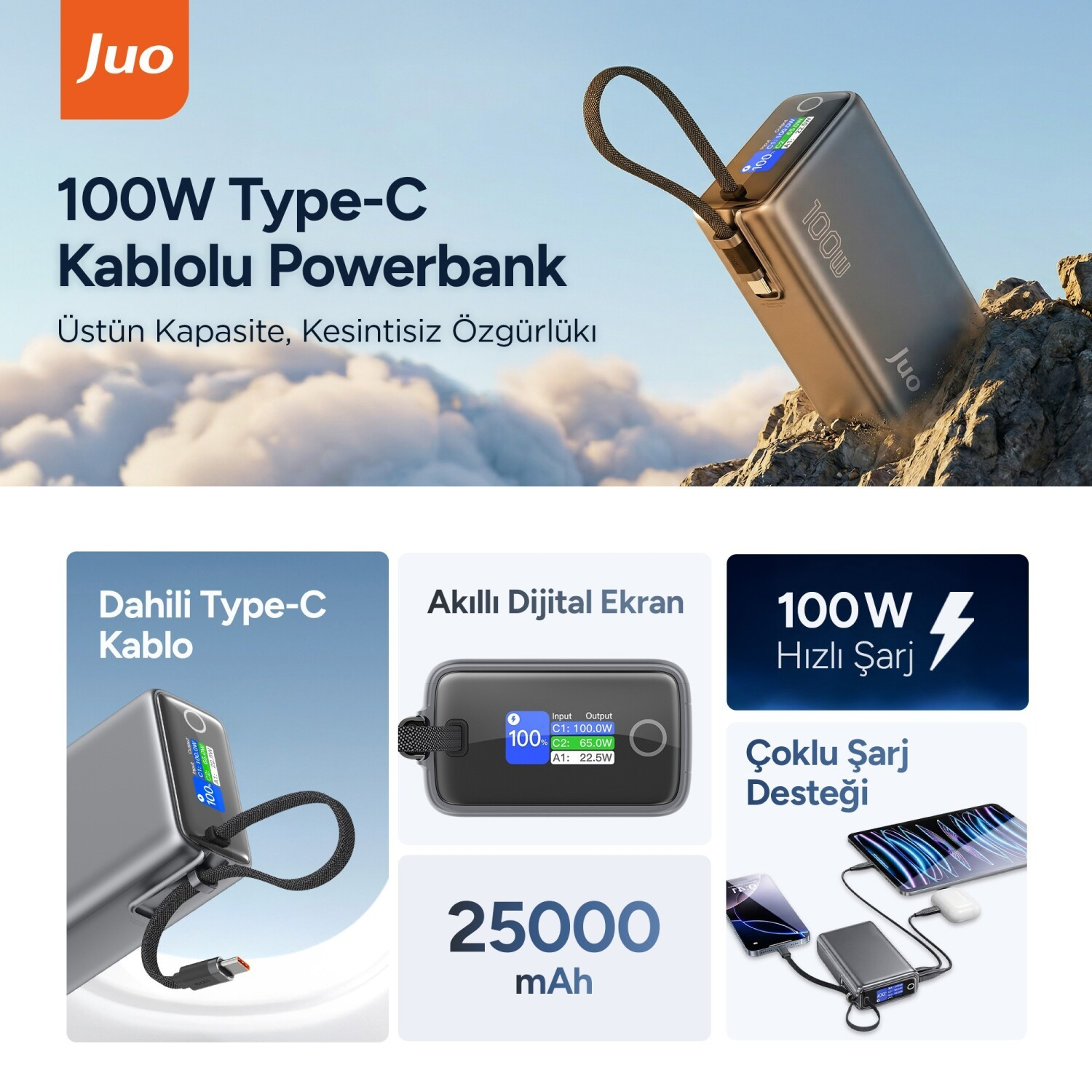 Dahili kablolu, dijital ekranlı, 25000mAh, 100W gri powerbank.