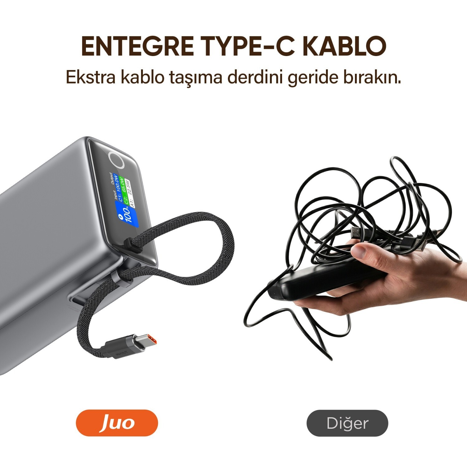 Entegre kablolu gri powerbank ve kablo tutan el.