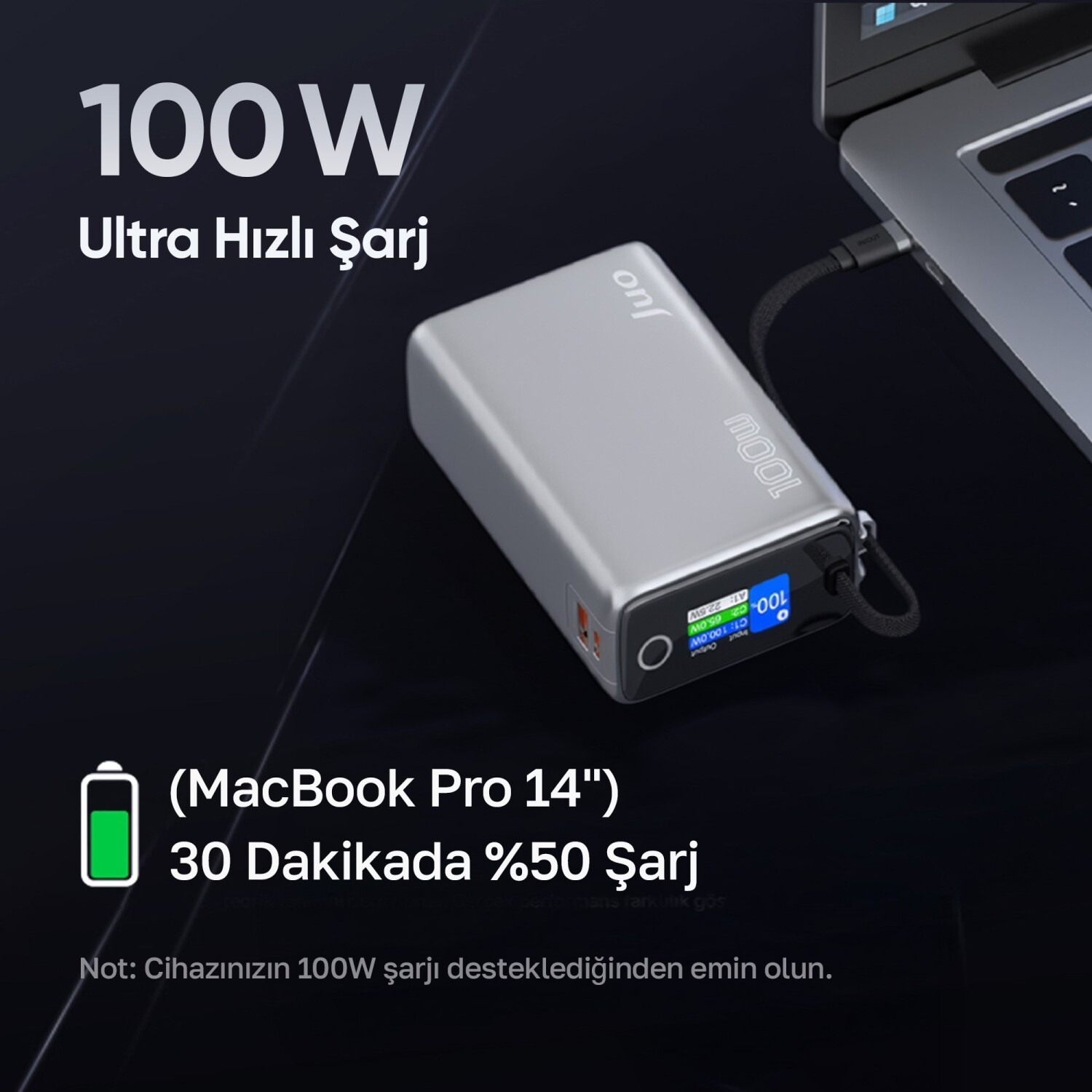 Gümüş powerbank 100W ile laptop şarj eder, MacBook Pro 14" 30 dk'da %50.