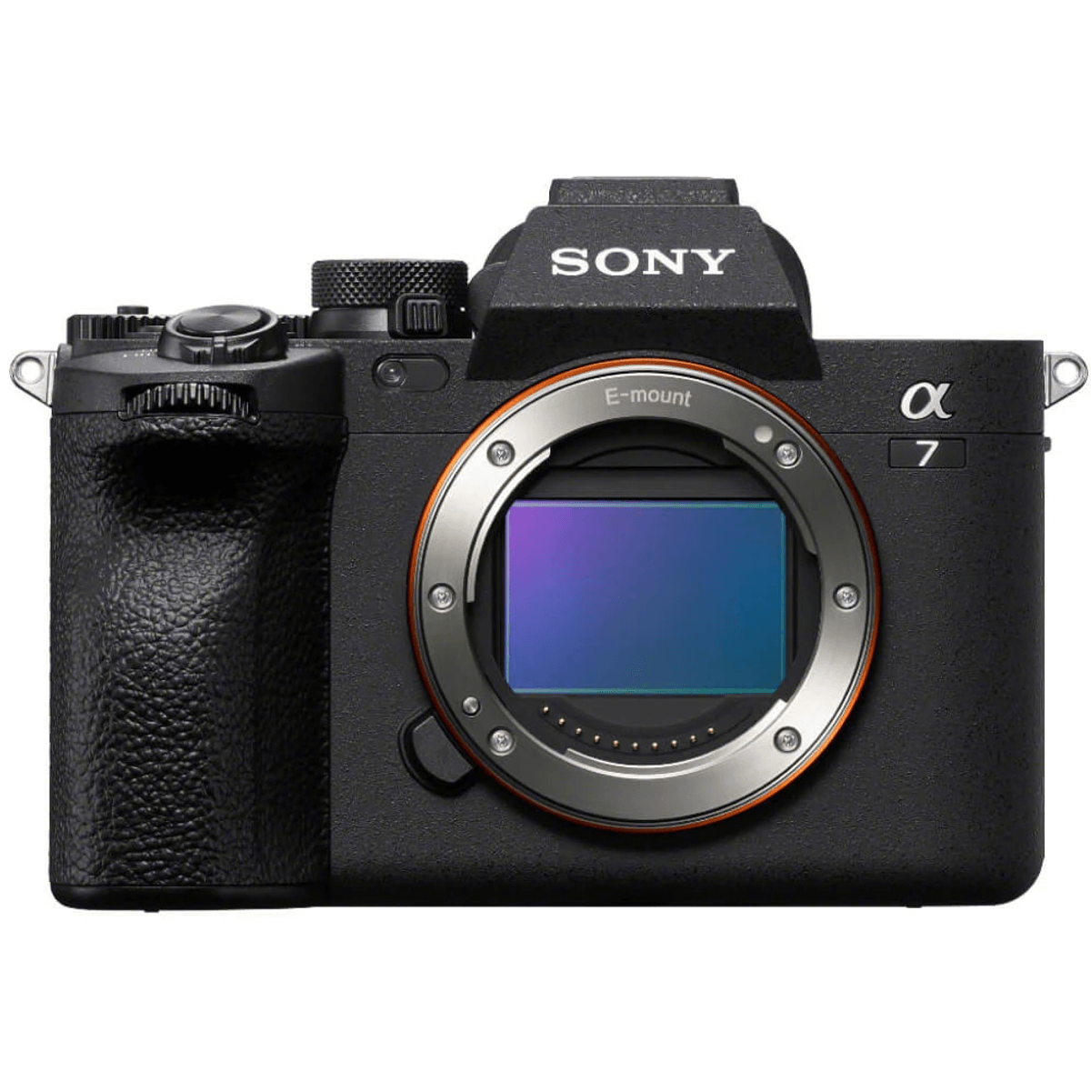 Zwarte Sony Alpha 7 digitale camera met E-vatting, zonder lens.