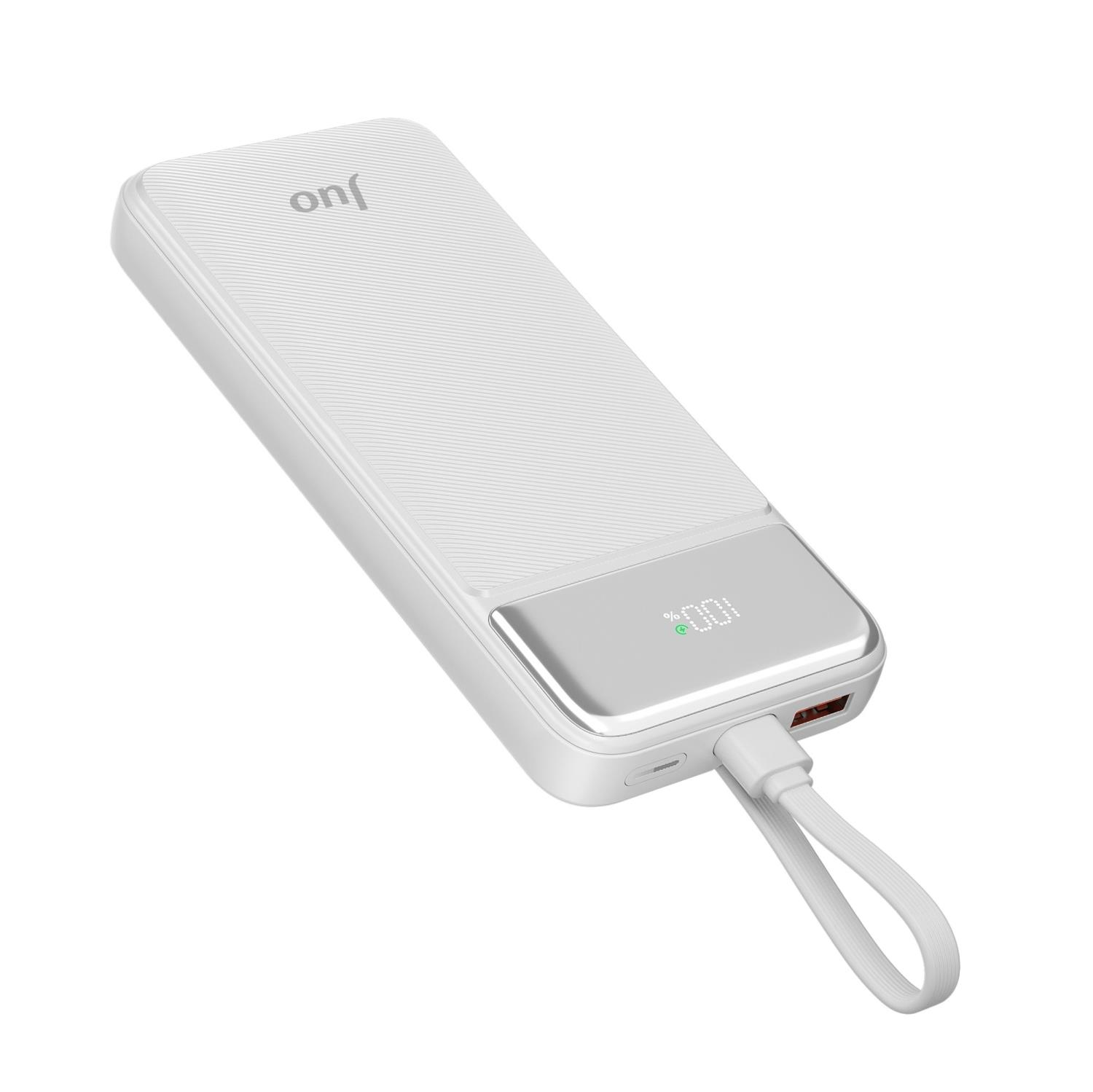 Şarjı %100 gösteren dijital ekranlı beyaz bir JUO powerbank.