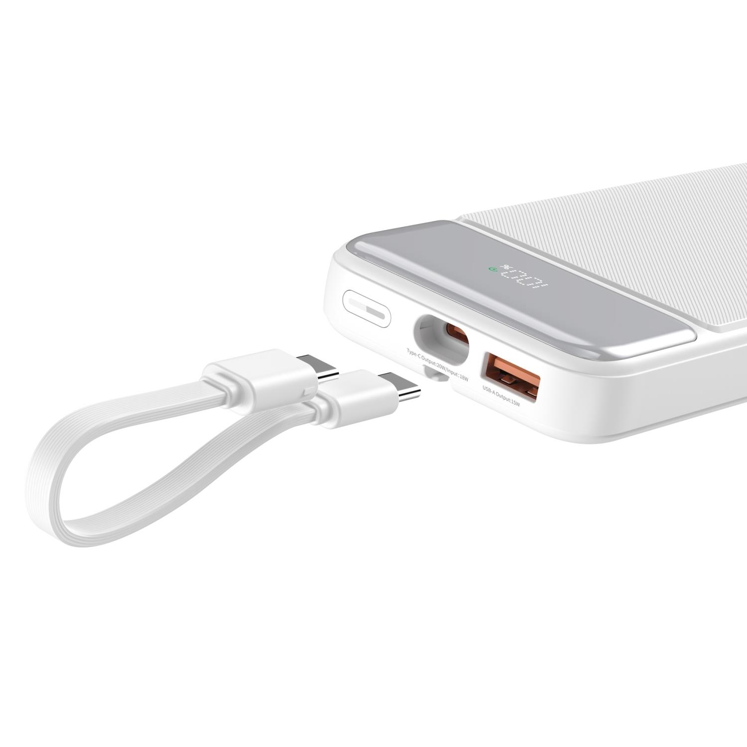USB-C ve USB-A bağlantı noktalarına sahip beyaz powerbank, yanında beyaz USB kablosu.