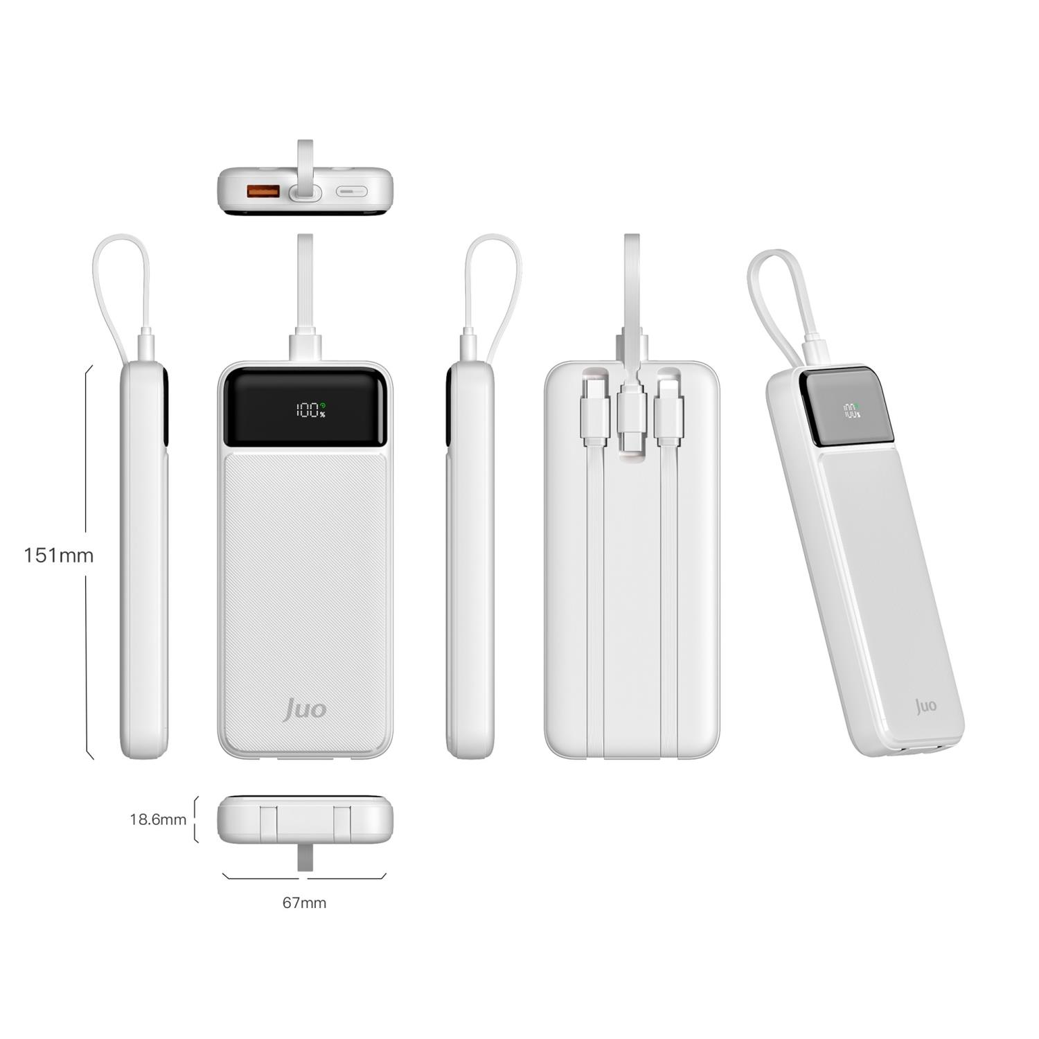 Entegre kablolu ve şarj göstergeli beyaz powerbank.