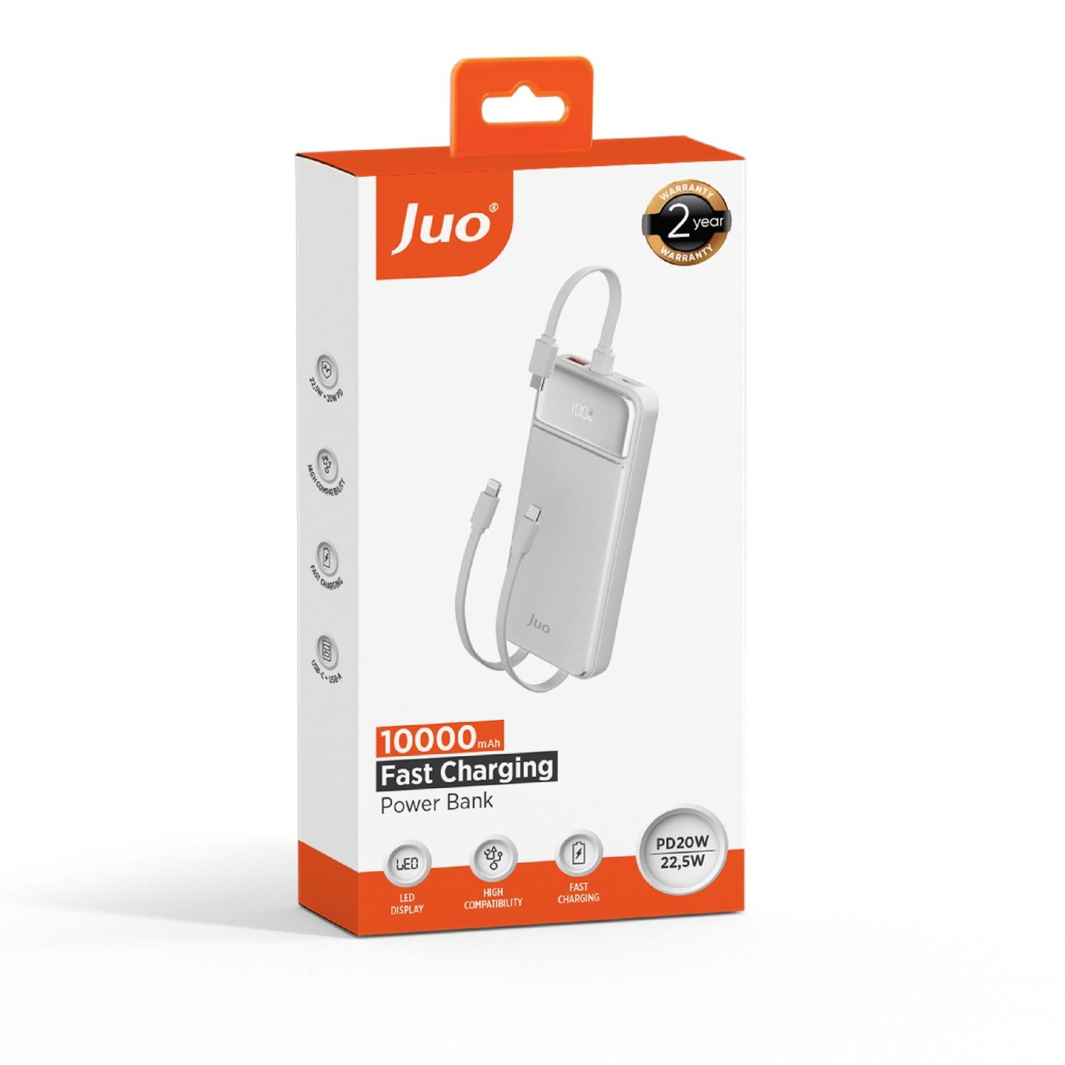 Beyaz 10000mAh powerbank, hızlı şarj, LED ekran, 2 yıl garanti.