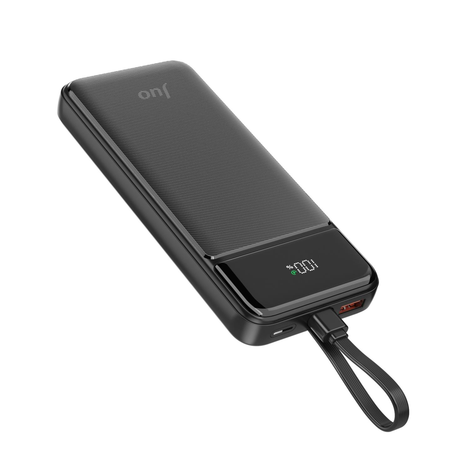 Dokulu üst yüzeye sahip siyah bir powerbank %100 şarj g österiyor.